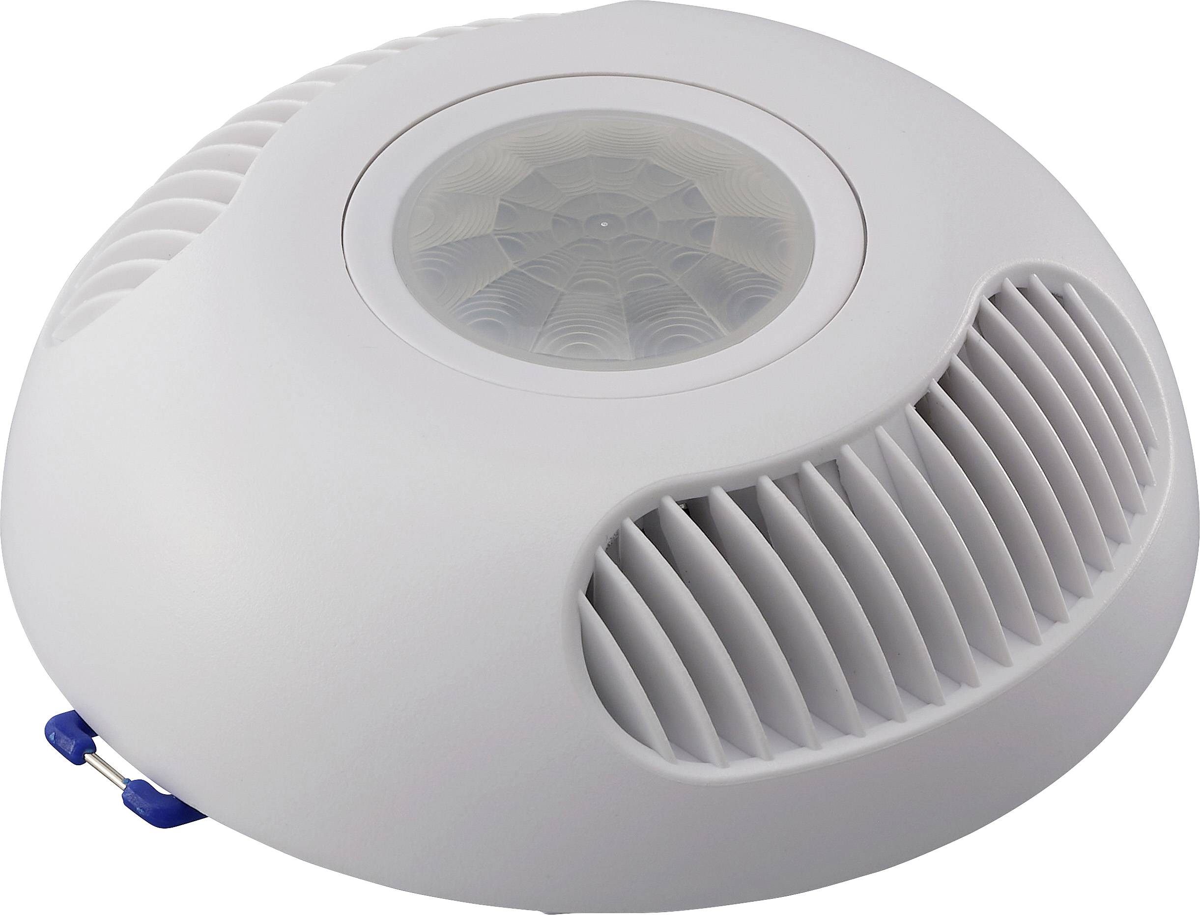 Un détecteur de mouvement blanc monté au plafond, doté d'un dôme central et d'une conception ventilée, utilisé pour détecter les mouvements dans une pièce.