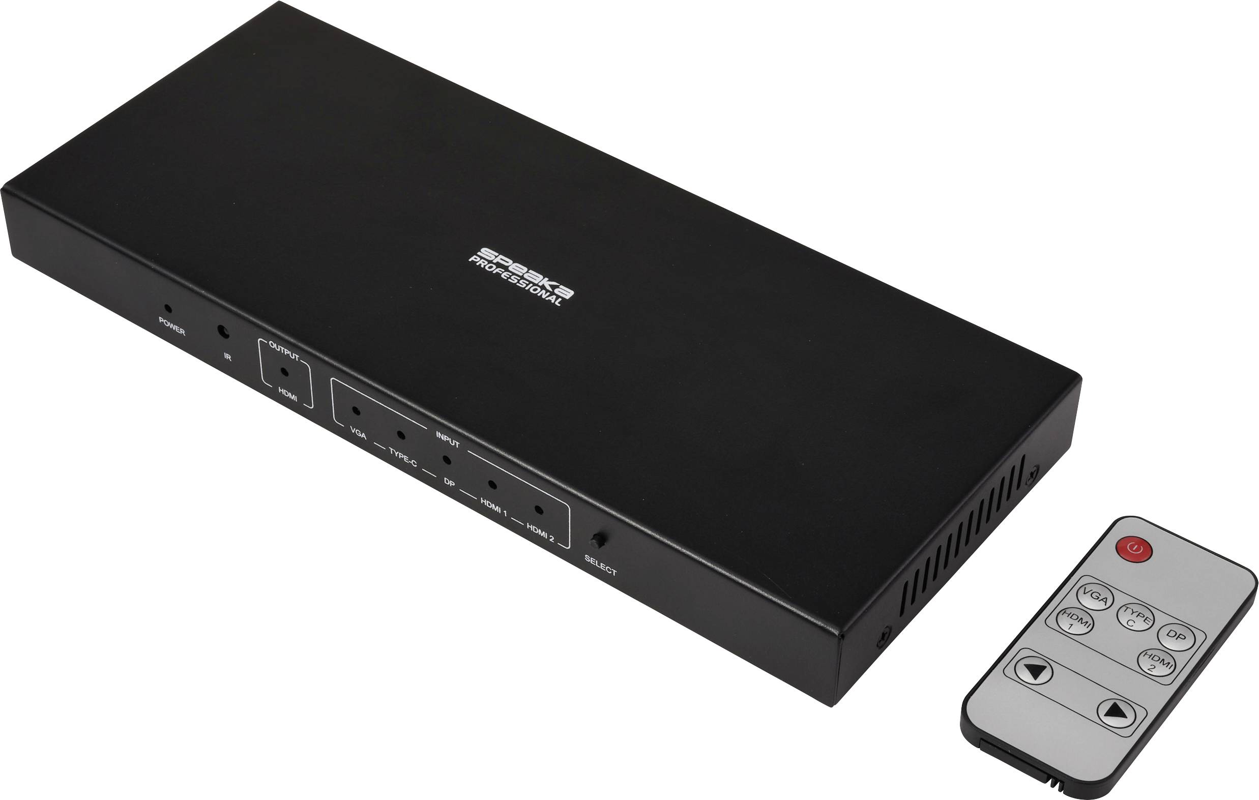 Commutateur HDMI Monoprice 4x1 montrant les ports d'entrée et de sortie HDMI, avec sa télécommande accompagnatrice permettant de basculer entre différents appareils.