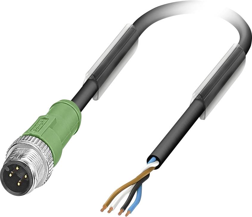 Un câble avec un connecteur vert à une extrémité et des fils de couleur dénudés à l'autre, indiquant une connexion ou une tâche de câblage.