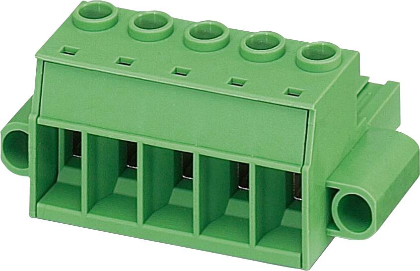 Un bornier électrique vert avec cinq points de connexion, utilisé pour fixer des fils.