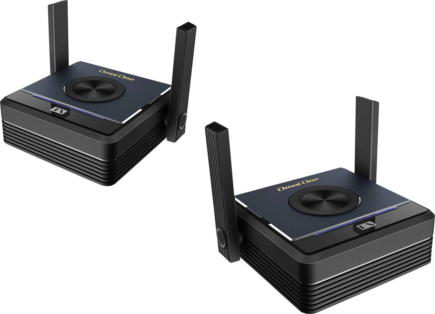 « Deux appareils routeurs sans fil noirs et bleu foncé avec antennes doubles, étiquetés Omni One, présentés sous un angle légèrement surélevé. »