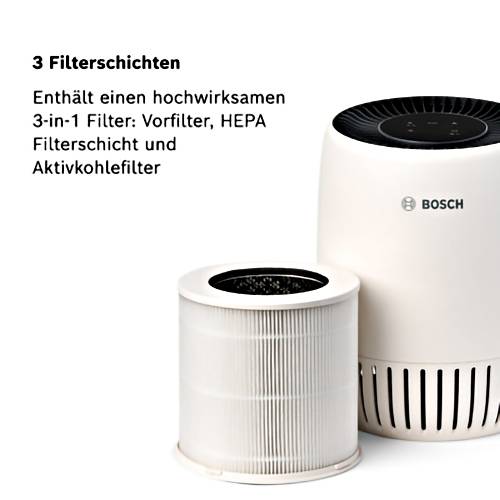Luftreiniger von Bosch mit zwei runden Filtern zeigt das Design und die Funktion. Text informiert über 3-in-1-Filter mit HEPA und Aktivkohle.