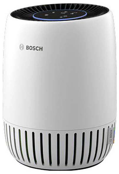 Un purificateur d'air cylindrique blanc de Bosch avec des boutons de commande sur le dessus et des fentes verticales autour de la base pour l'admission de l'air.