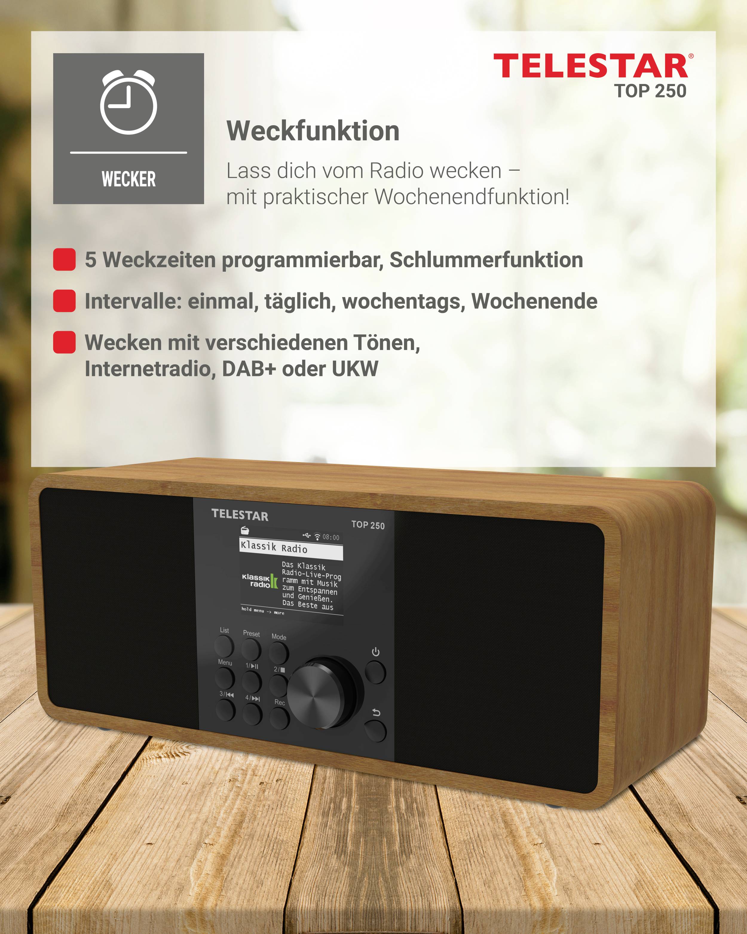 Radio en bois avec texte 'Weckfunktion', doté de cinq alarmes programmables, avec option répétition d'alarme et réglages pour jours de semaine ou week-end. Plusieurs choix de tonalités, options radio comprenant radio Internet, DAB+ ou FM.