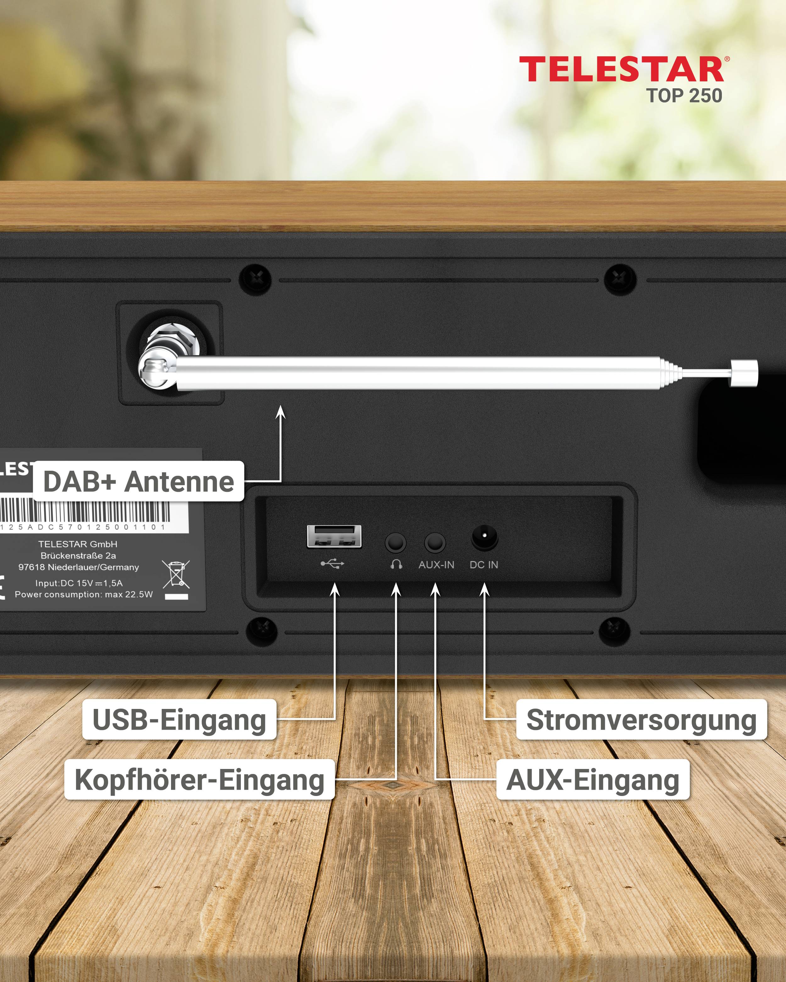Arrière d'un poste de radio TeleStar présentant les ports étiquetés : Antenne DAB+, Entrée USB, Entrée casque, Alimentation électrique, et Entrée AUX.