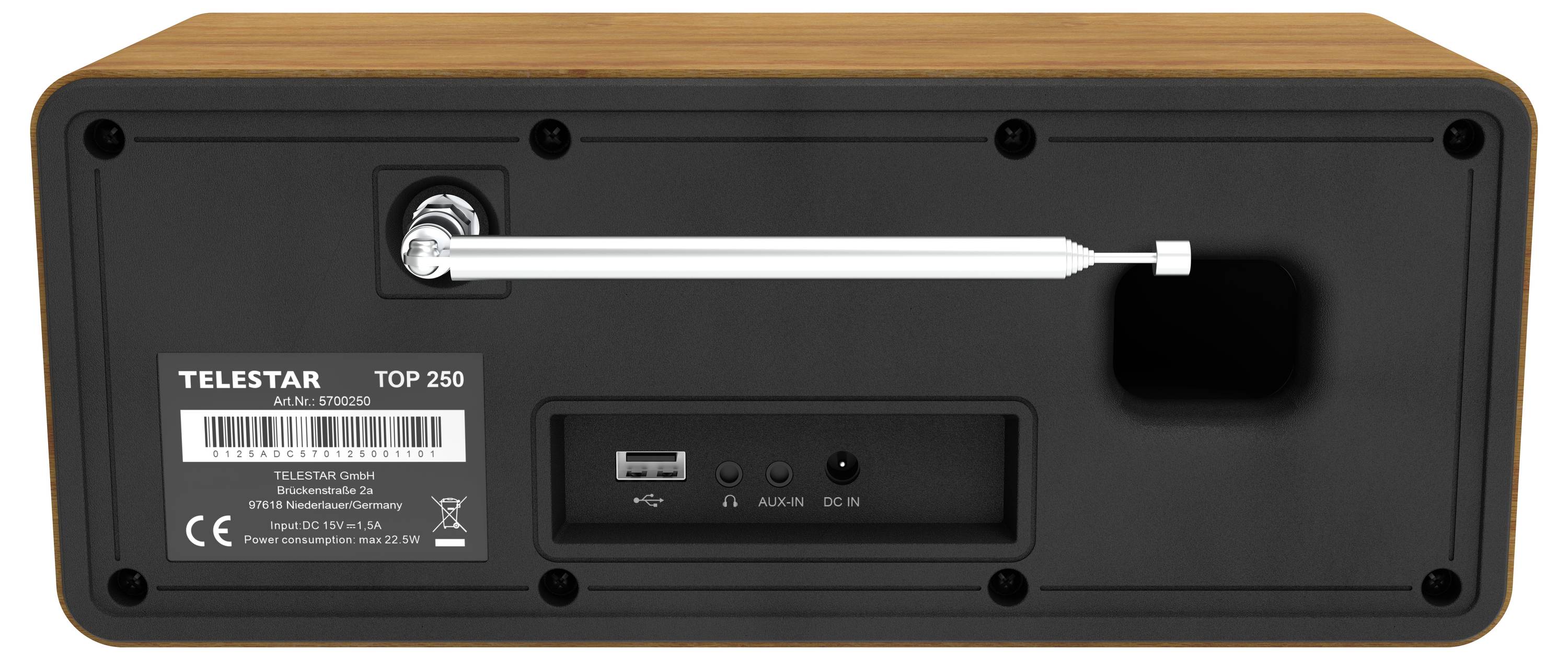 Vue arrière d'un poste radio Telestar Top 250 montrant une antenne, un port USB, des entrées AUX et DC sur un boîtier au fini noir et bois.