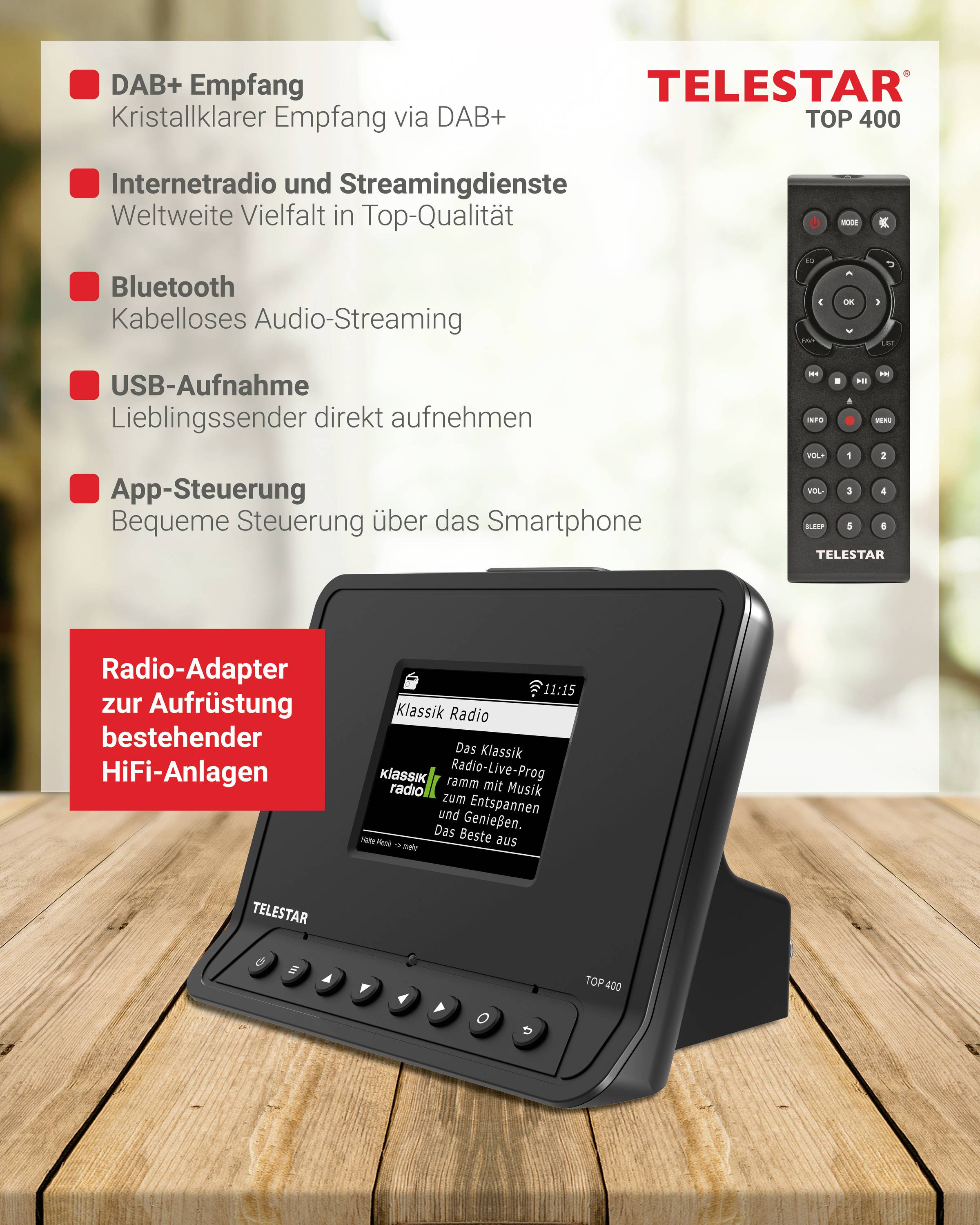 Adaptateur radio 'Telestar Top 400' sur table avec télécommande, offrant DAB+, services Internet et de streaming, Bluetooth, enregistrement USB, contrôle par application.