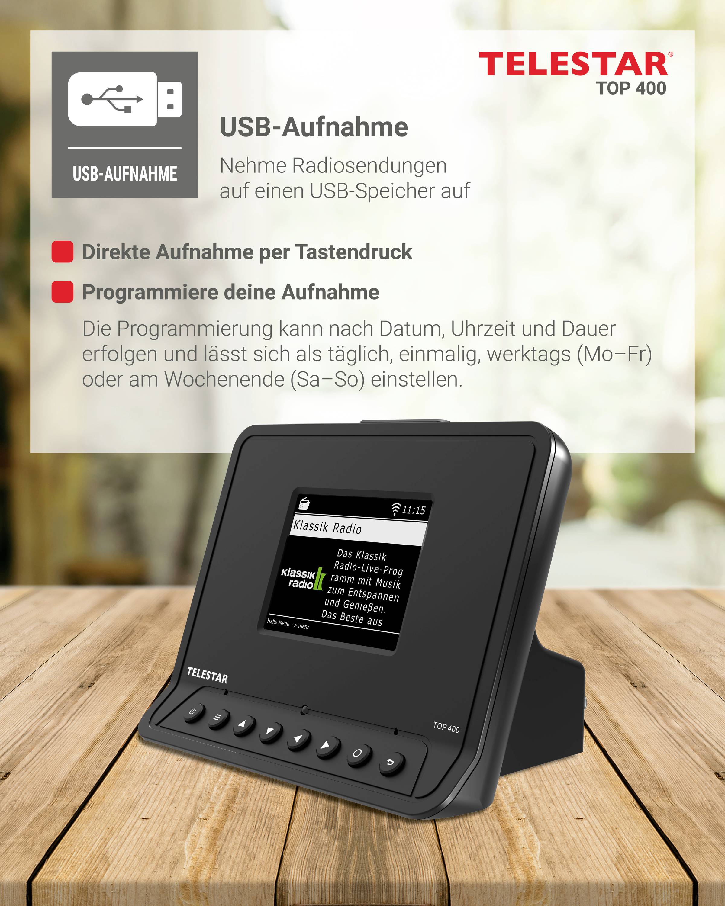 Un dispositif d'enregistrement radio affiche l'écran avec des stations de radio. Le texte informe sur l'enregistrement USB et les options d'enregistrement programmées.