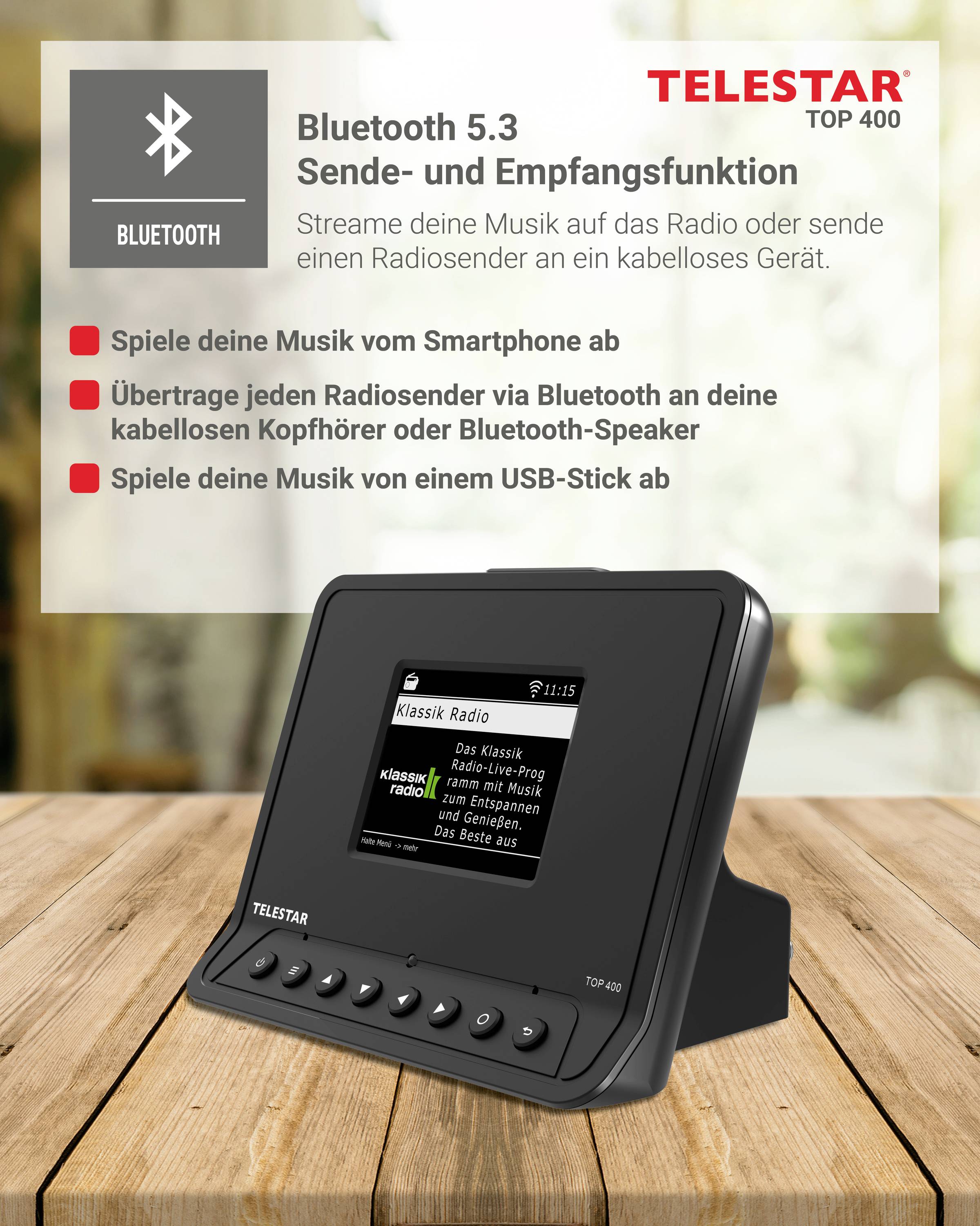 Fonction d'émission et de réception Bluetooth 5.3. Diffusez de la musique depuis votre smartphone. Transmettez des stations de radio via Bluetooth. Lisez de la musique depuis une clé USB.