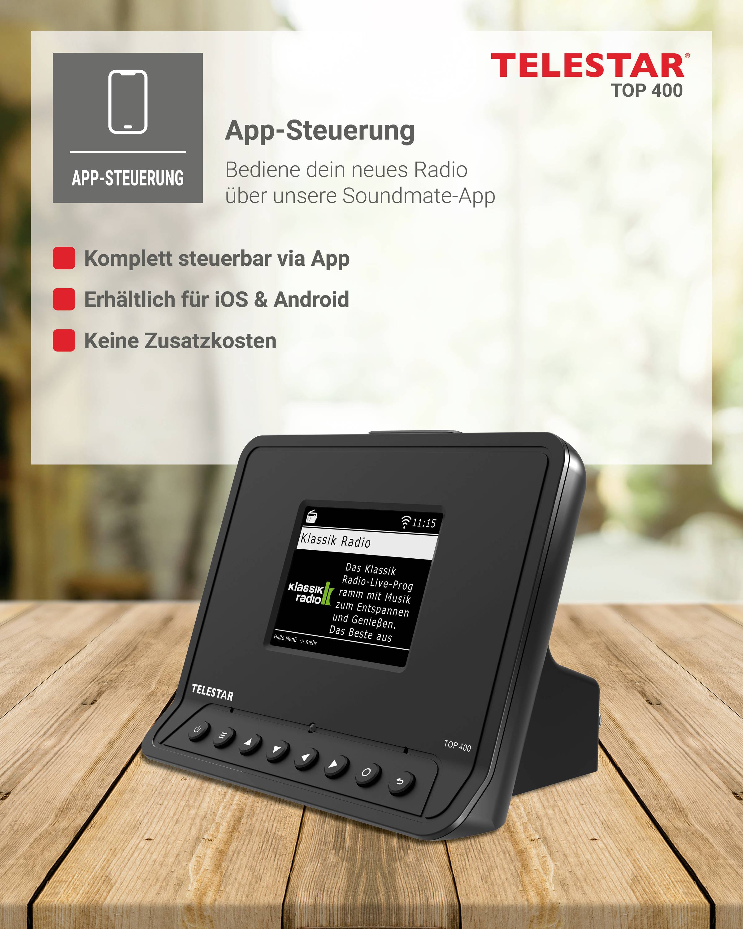 Contrôle par application : Pilotez votre nouvelle radio via notre application Soundmate. Entièrement contrôlable par application, disponible pour iOS et Android, sans frais supplémentaires.