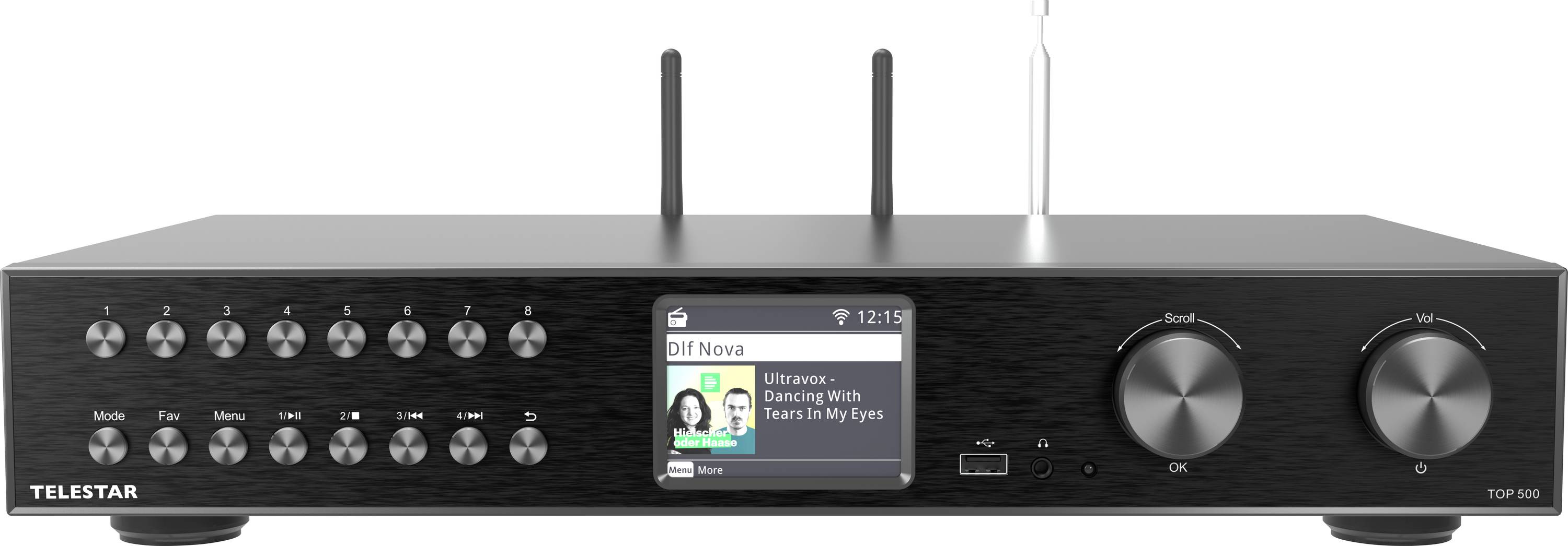 Un récepteur audio noir avec deux antennes, des boutons de contrôle et un affichage numérique montrant 'Dlf Nova', 'Dancing With Tears In My Eyes', et l'artwork de l'album.