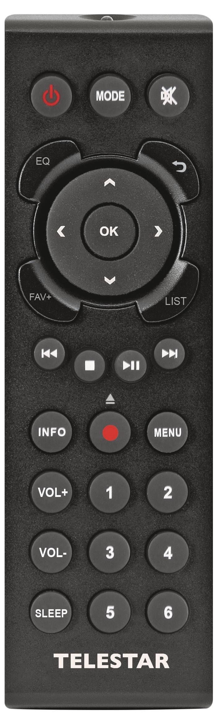 Une télécommande noire avec des boutons pour le volume, la chaîne, le menu et la mise en marche, portant l'étiquette « TELSTAR » en bas.