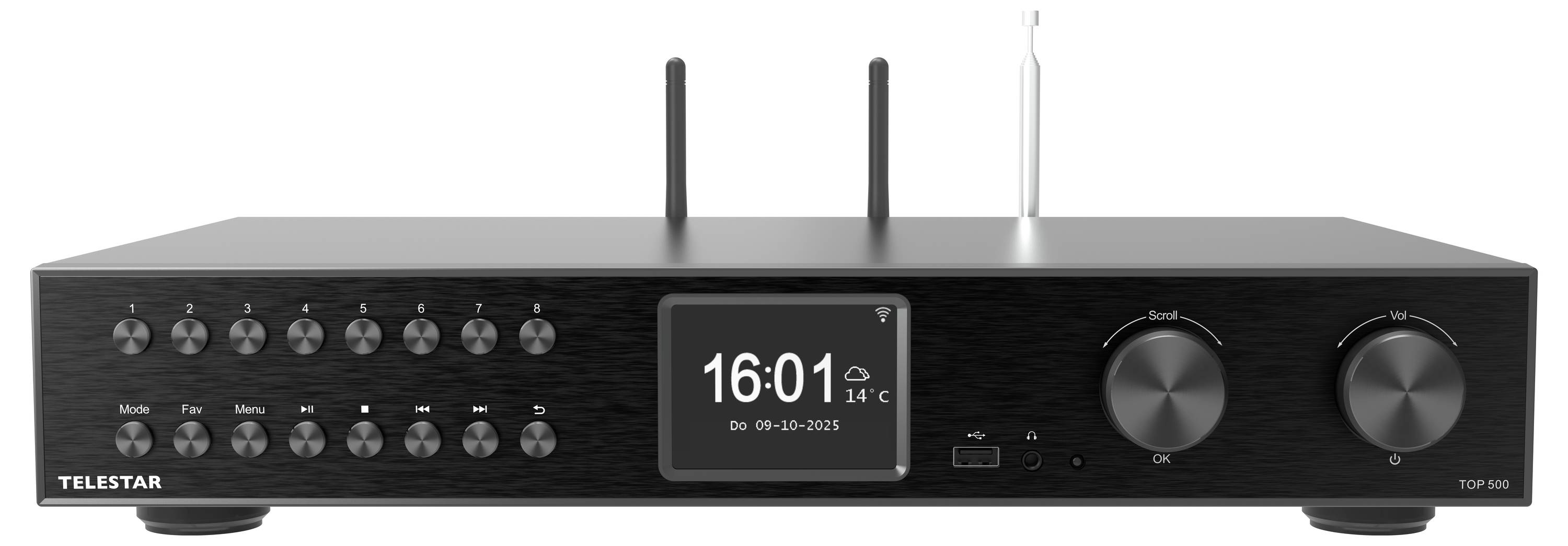 Un récepteur audio noir élégant doté de plusieurs boutons et cadrans, avec un affichage numérique central indiquant l'heure '16:01', la date '30-09-2023', et la température '14°C'.