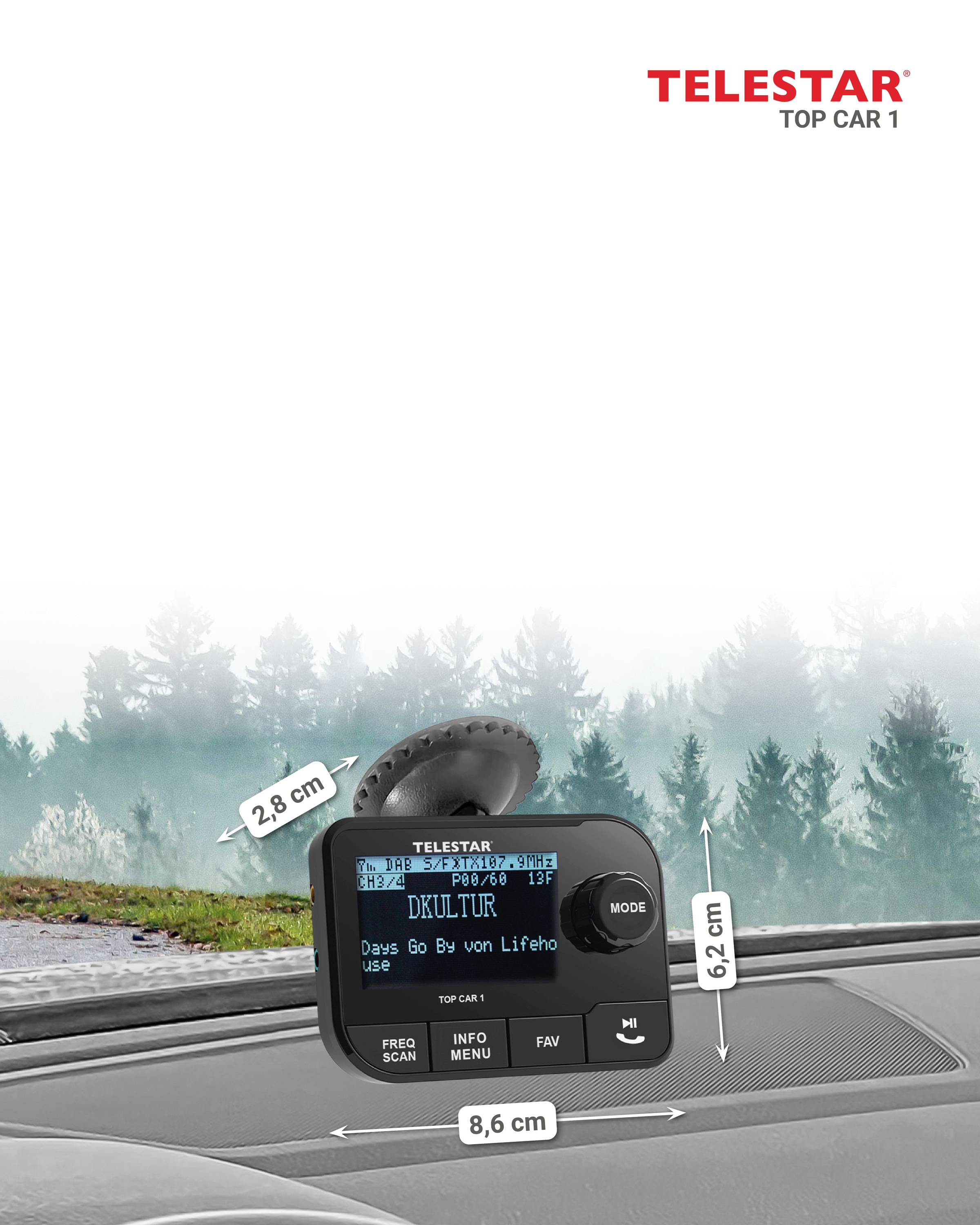 Écran numérique monté sur le tableau de bord affichant des informations sur la station de radio. Arrière-plan forestier visible à travers la vitre de la voiture.