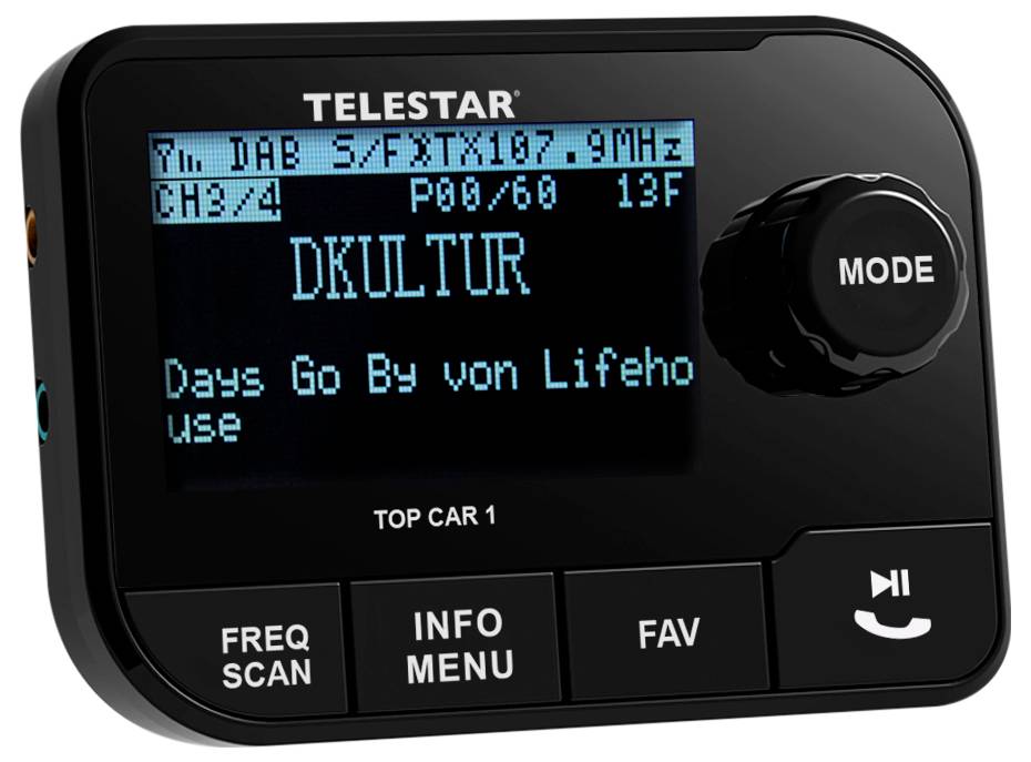 Récepteur radio numérique affichant « TELSTAR » et des informations musicales, comprenant la station « DKULTUR » et la chanson « Days Go By » de Lifehouse.