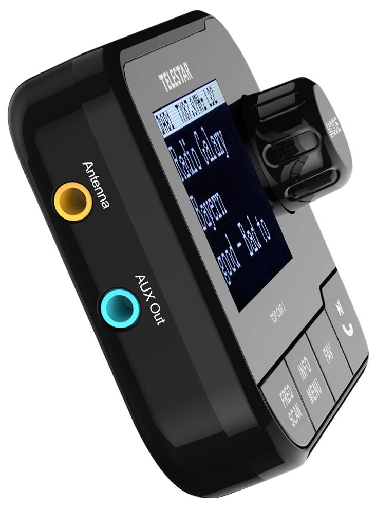 Un appareil radio numérique noir avec un écran affichant des informations sur la station de radio et des boutons de contrôle. Des ports pour l'antenne et la sortie AUX sont visibles.