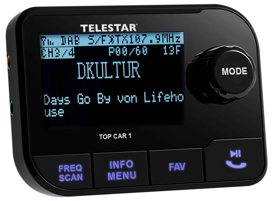 Un écran de radio numérique pour voiture affiche la station « DKULTUR » avec la chanson « Days Go By von Lifehouse ». Les boutons en bas incluent Freq Scan, Info Menu, Fav, et Mode.