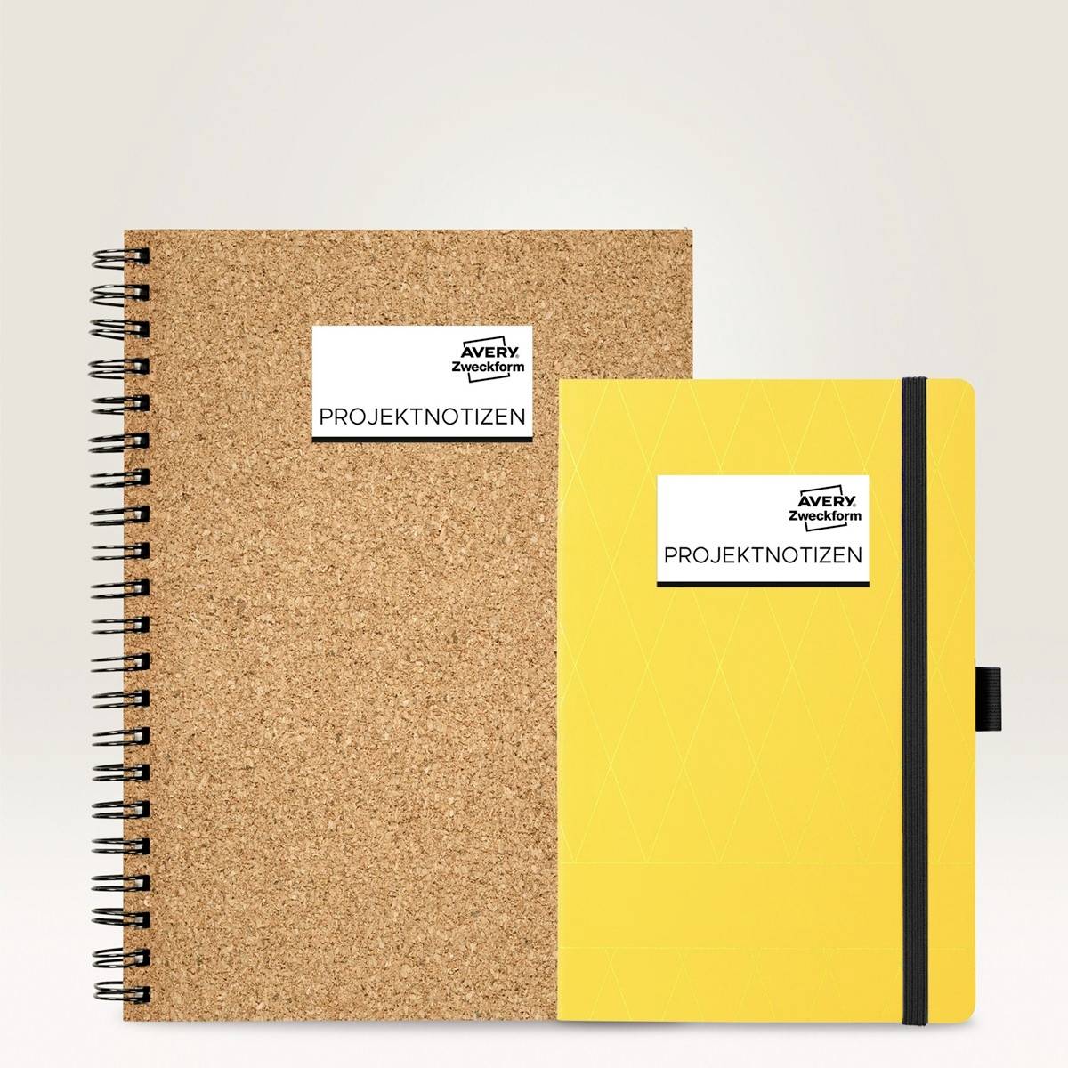 Deux carnets étiquetés 'Projektnotizen' : un grand avec une couverture en liège, l'autre plus petit et jaune.