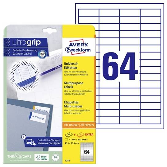 Package of Avery Universal Labels, showing 'ultragrip' feature and image of label sheet with 64 labels. Includes marketing info.