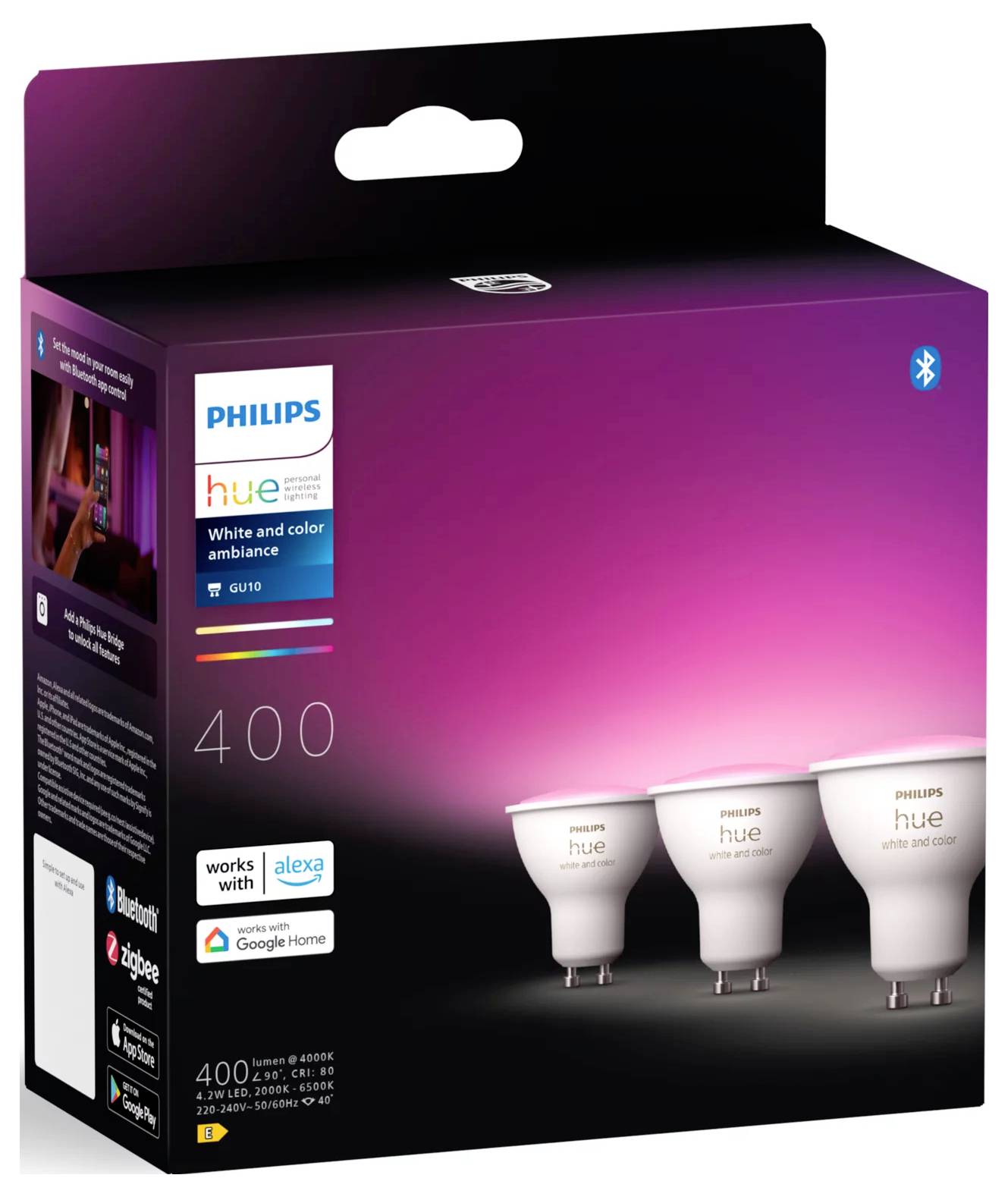 Ampoules intelligentes Philips Hue white and color ambiance affichant la compatibilité avec Alexa, Google Home, Zigbee et Bluetooth.