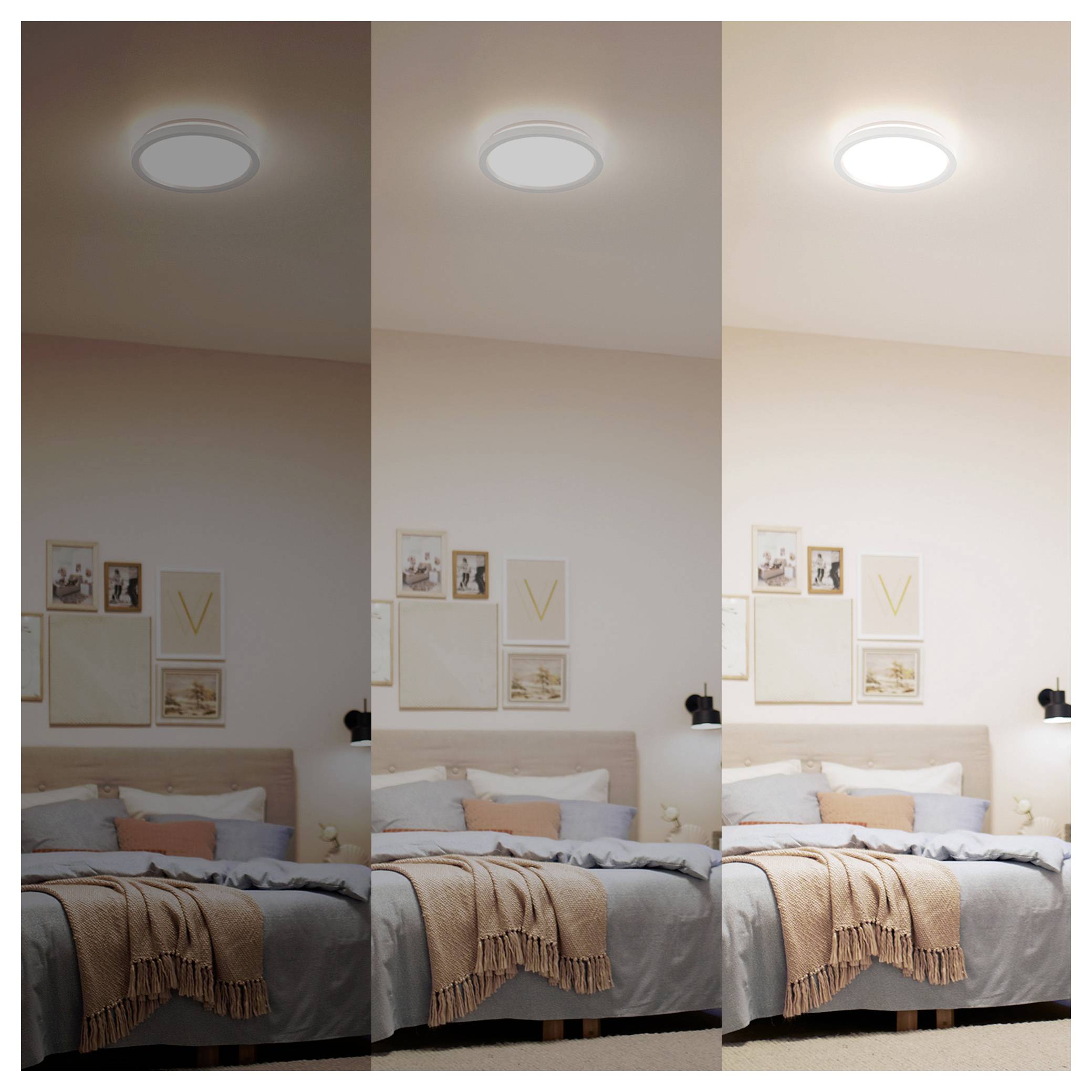 Image à trois panneaux montrant un luminaire circulaire de plafond à différents niveaux de luminosité au-dessus d'un lit avec des oreillers et des œuvres d'art sur le mur.