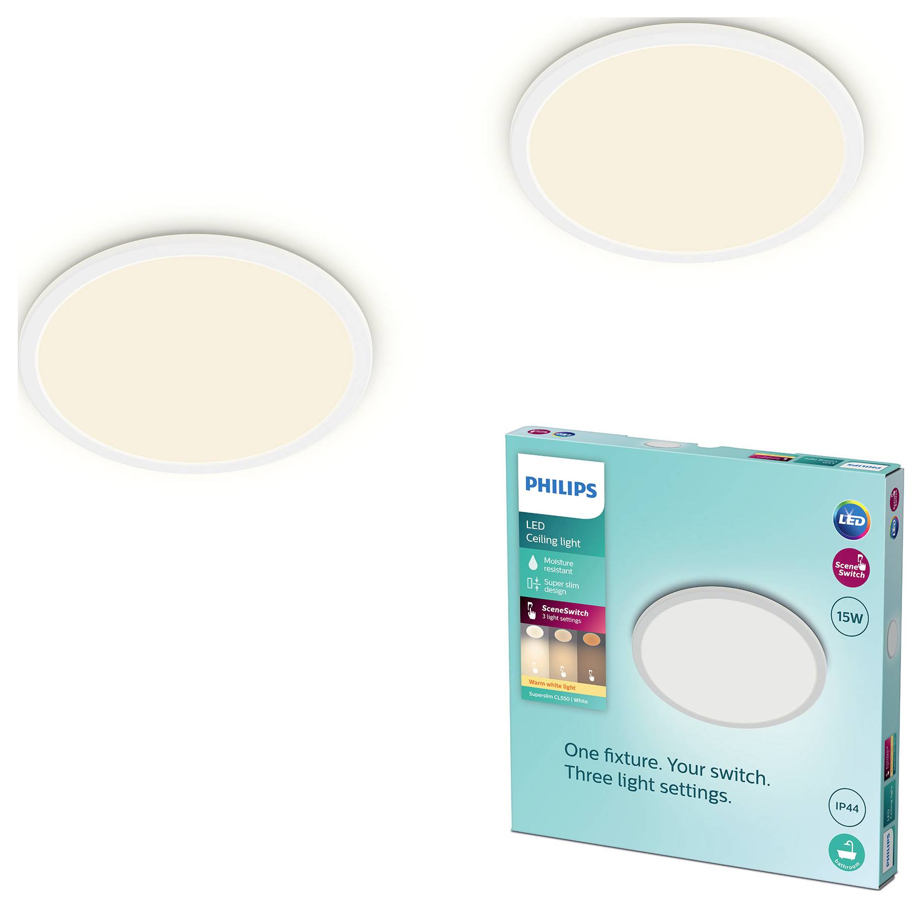 Deux luminaires de plafond ronds à LED à côté d'un emballage de Philips mettant en évidence les paramètres d'éclairage réglables et une consommation d'énergie de 15 W.