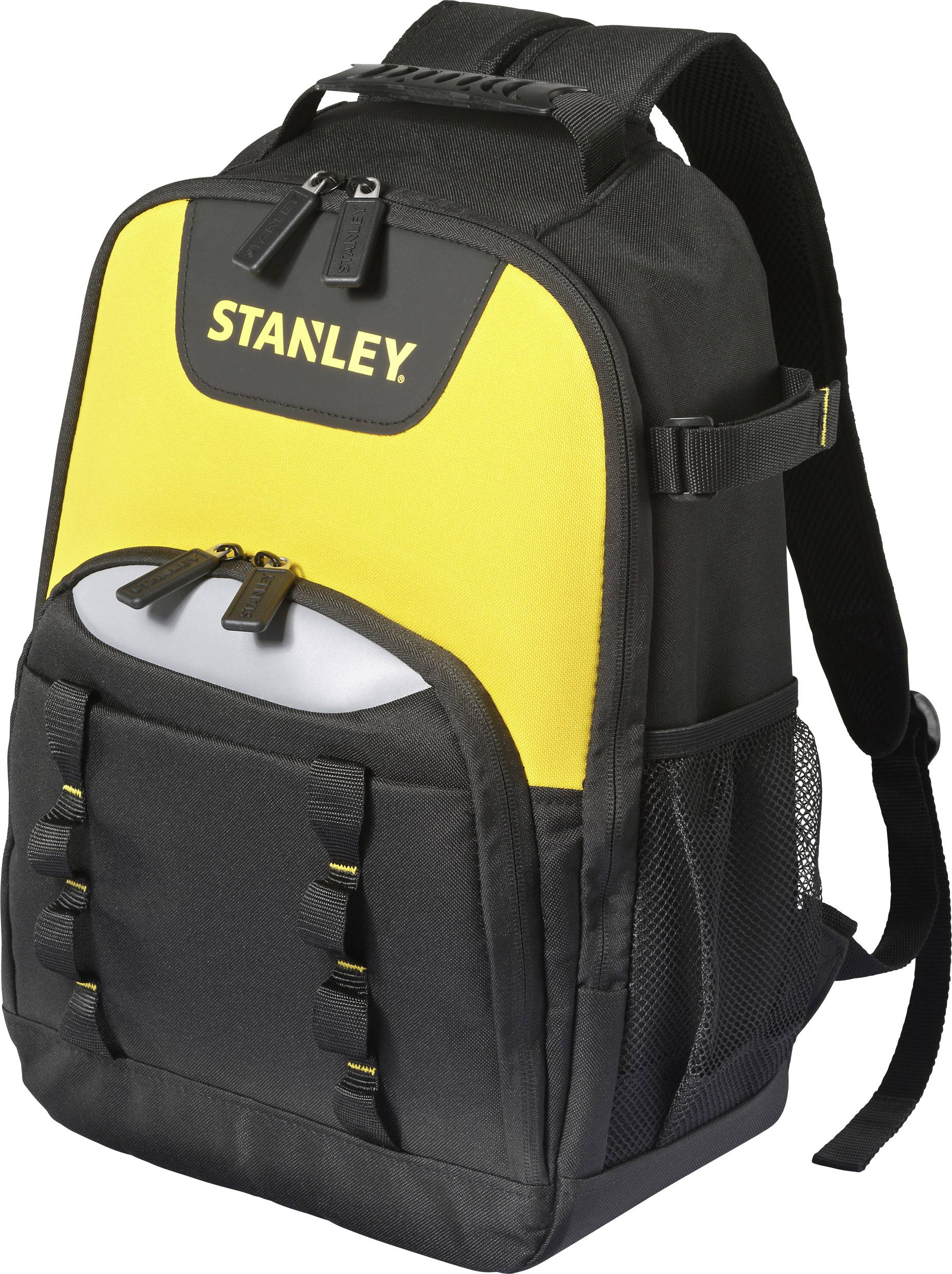 Un sac à dos noir et jaune de la marque 'STANLEY', doté de plusieurs compartiments, de poches latérales en maille et de sangles réglables.
