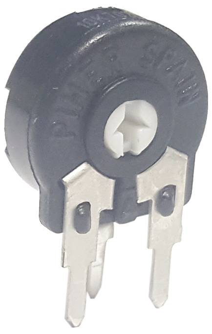 « Un potentiomètre de réglage noir avec deux broches métalliques pour l'ajustement de circuit électronique. »