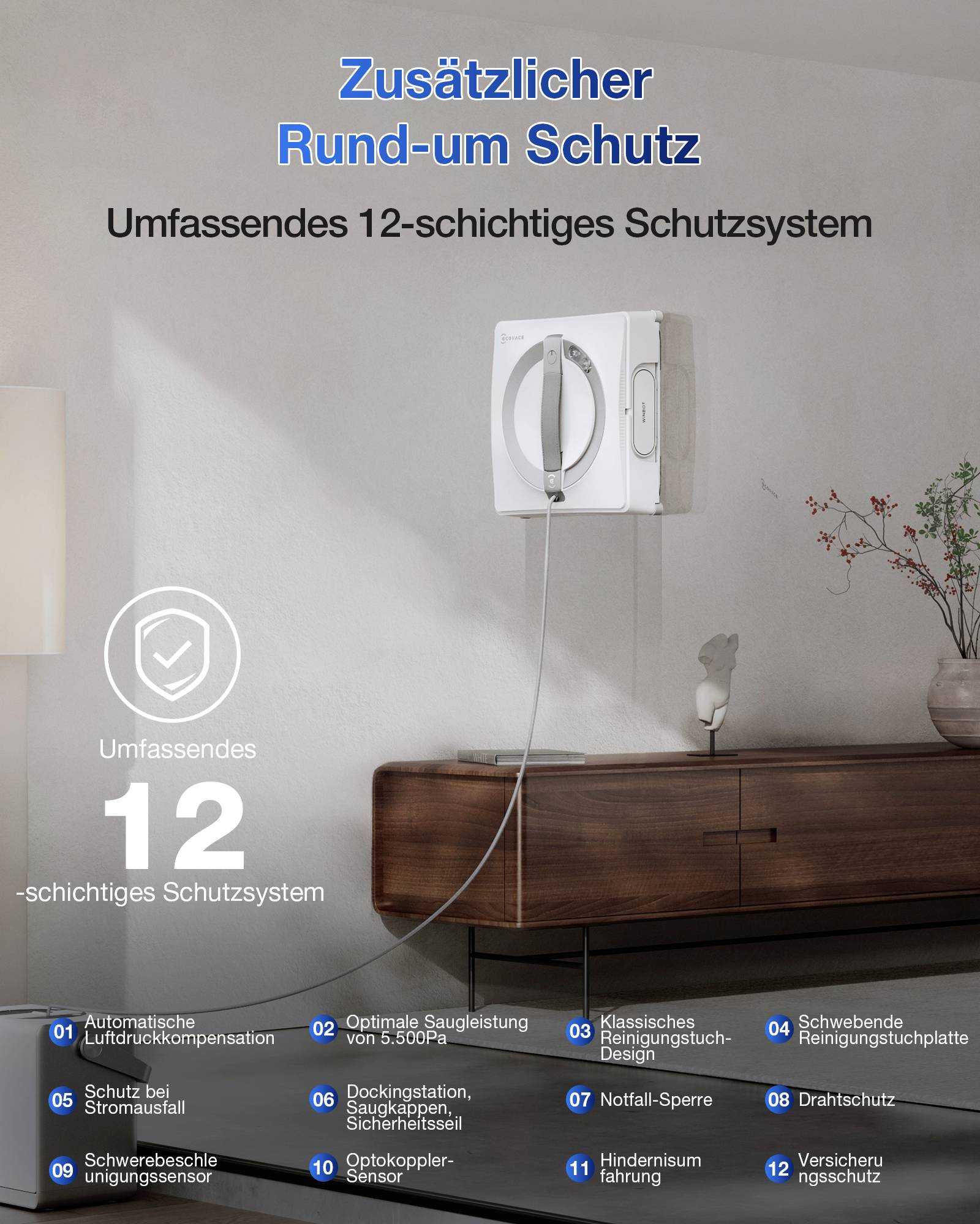 Purificateur d'air mural avec système de protection à 12 couches. Caractéristiques : élimination des poussières, neutralisation des odeurs, aspiration optimale, réduction du bruit, et plus encore.