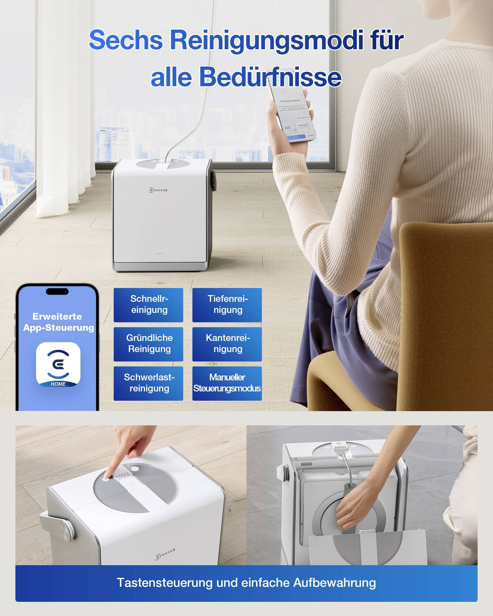 Une personne assise dans une pièce moderne utilise un purificateur d'air avec six modes, affichés sur une application mobile. Un texte en allemand promeut la facilité d'utilisation et de rangement.