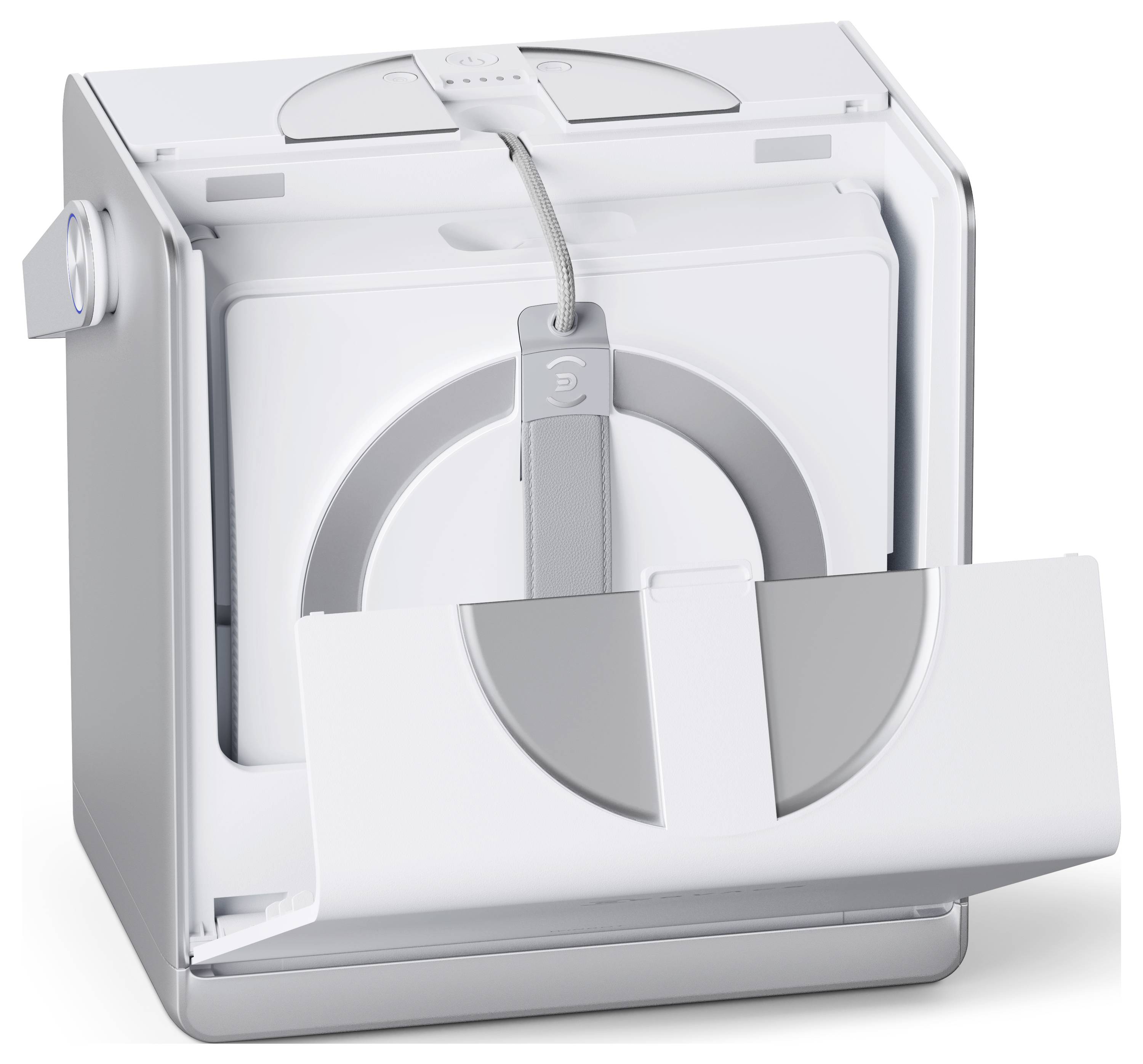 Distributeur automatique de masques faciaux avec couvercle ouvert, montrant l'espace de stockage intérieur et un masque partiellement distribué, dans un design blanc élégant.