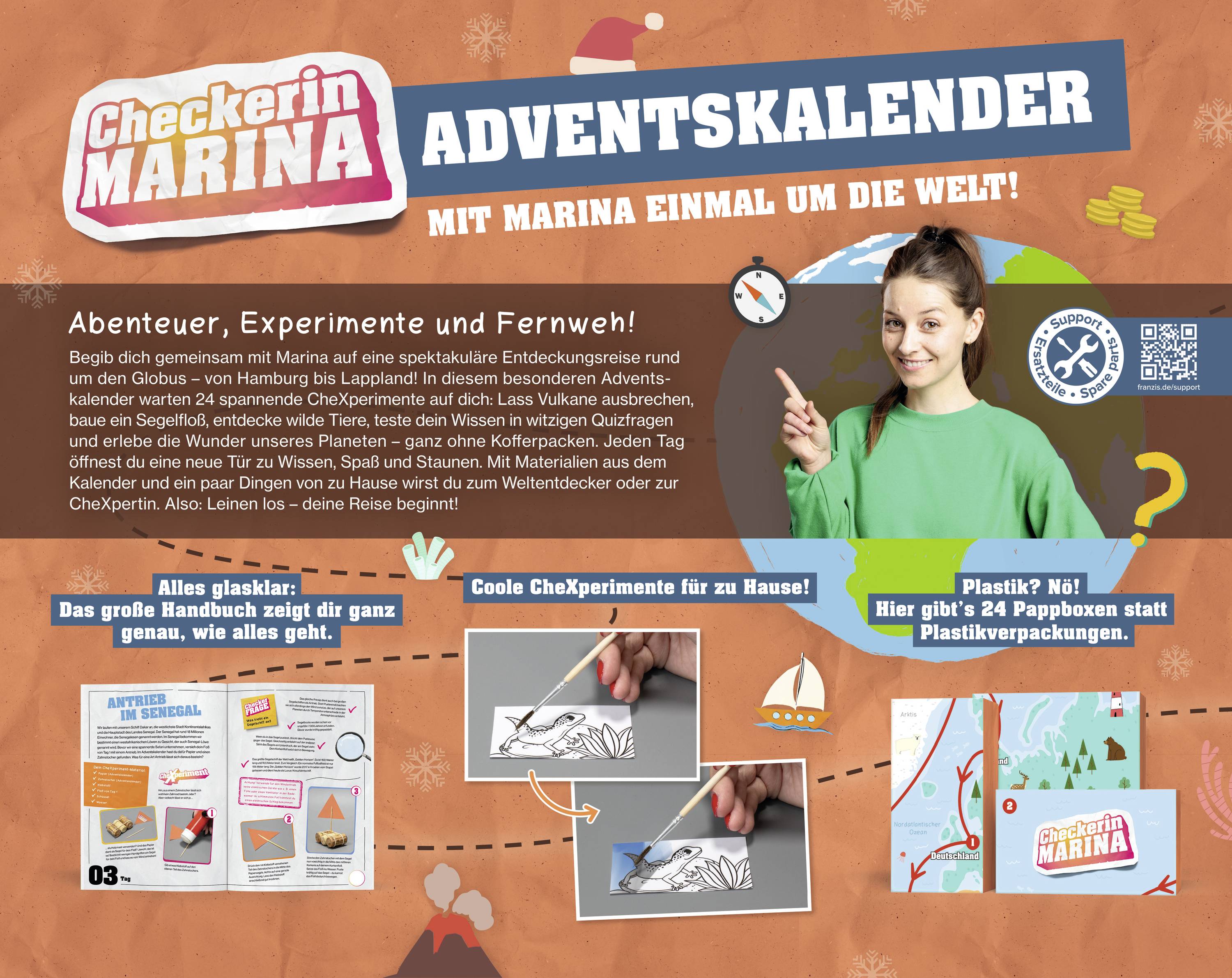 Calendrier de l'Avent Marina de Checkerin : Image promotionnelle. Présente des aventures et des explorations avec Marina, comprenant des expériences et des anecdotes de voyage à travers le monde.