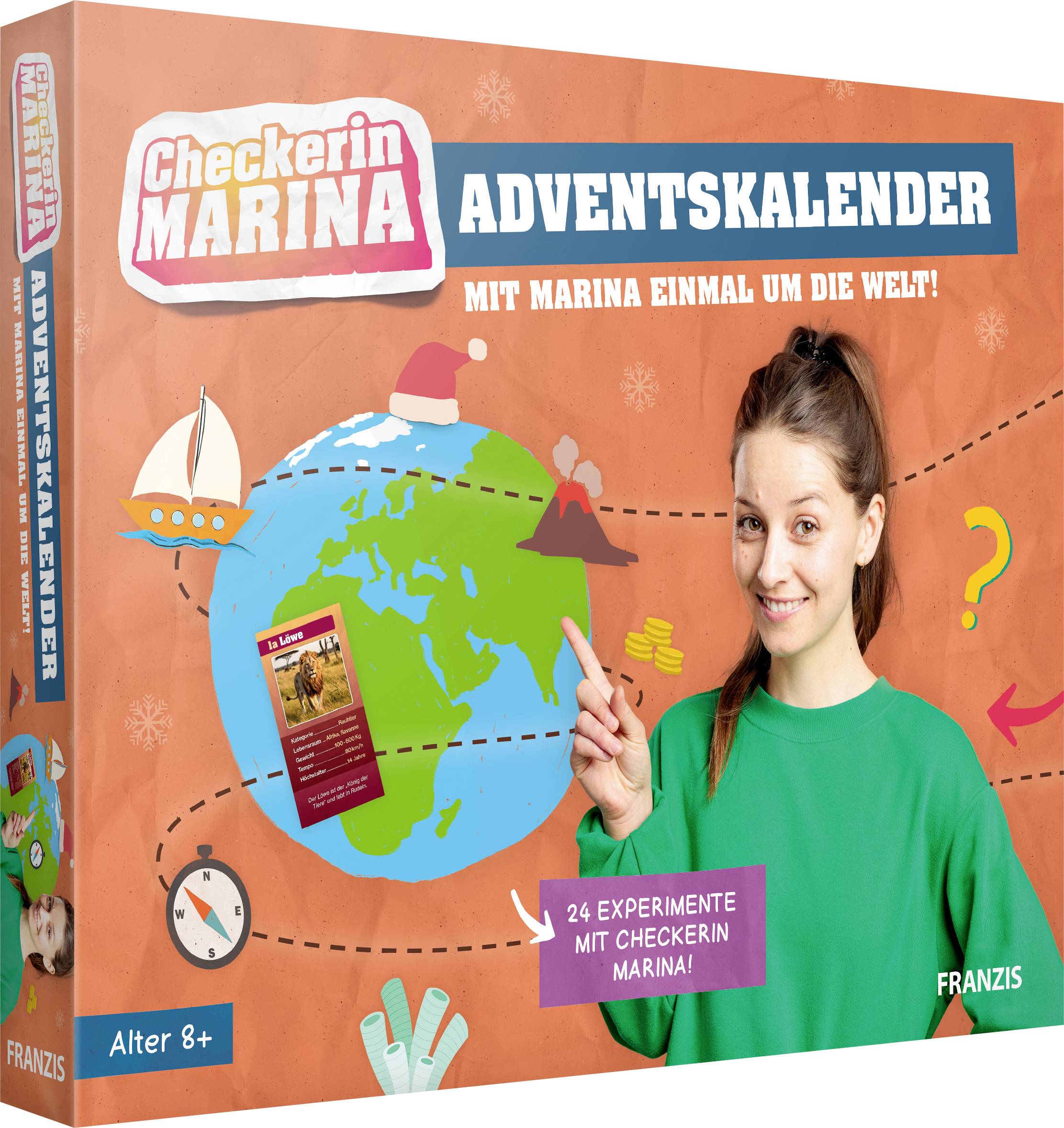 Calendrier de l'Avent Checkerin Marina avec un globe illustré, un voilier et un avion. Comprend '24 Expériences avec Checkerin Marina !'