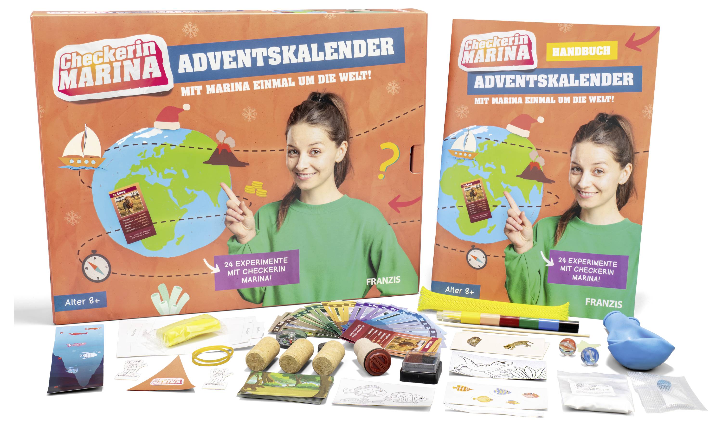 Kit de calendrier de l'Avent pour enfants présentant 'Checkerin Marina', proposant 24 expériences scientifiques. Comprend un manuel et divers outils. Convient aux enfants de 6 ans et plus.