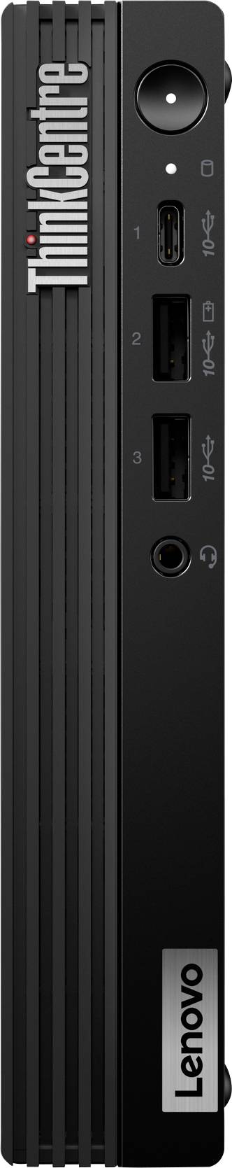 Une image verticale du devant d'un mini-PC compact Lenovo ThinkCentre, montrant le bouton d'alimentation, les ports USB, la prise casque et la marque 'ThinkCentre'.