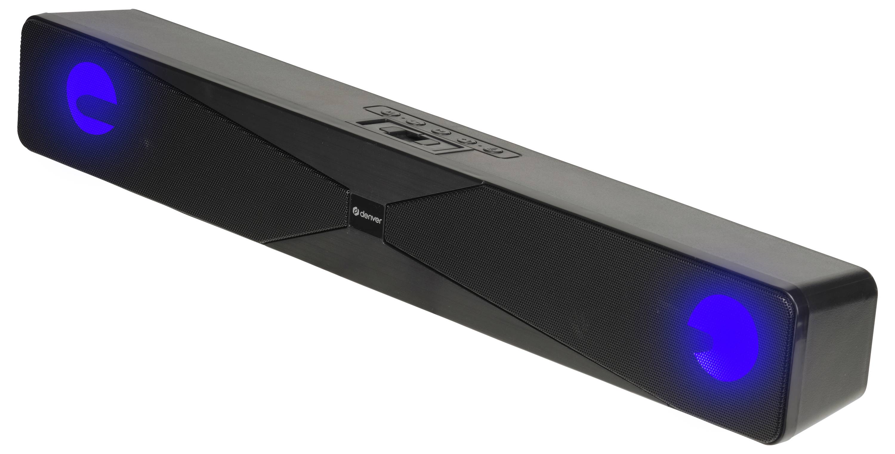 Une barre de son noire avec des lumières circulaires bleues à chaque extrémité, affichant la marque 'FSL' sur le dessus, utilisée pour l'amélioration audio.