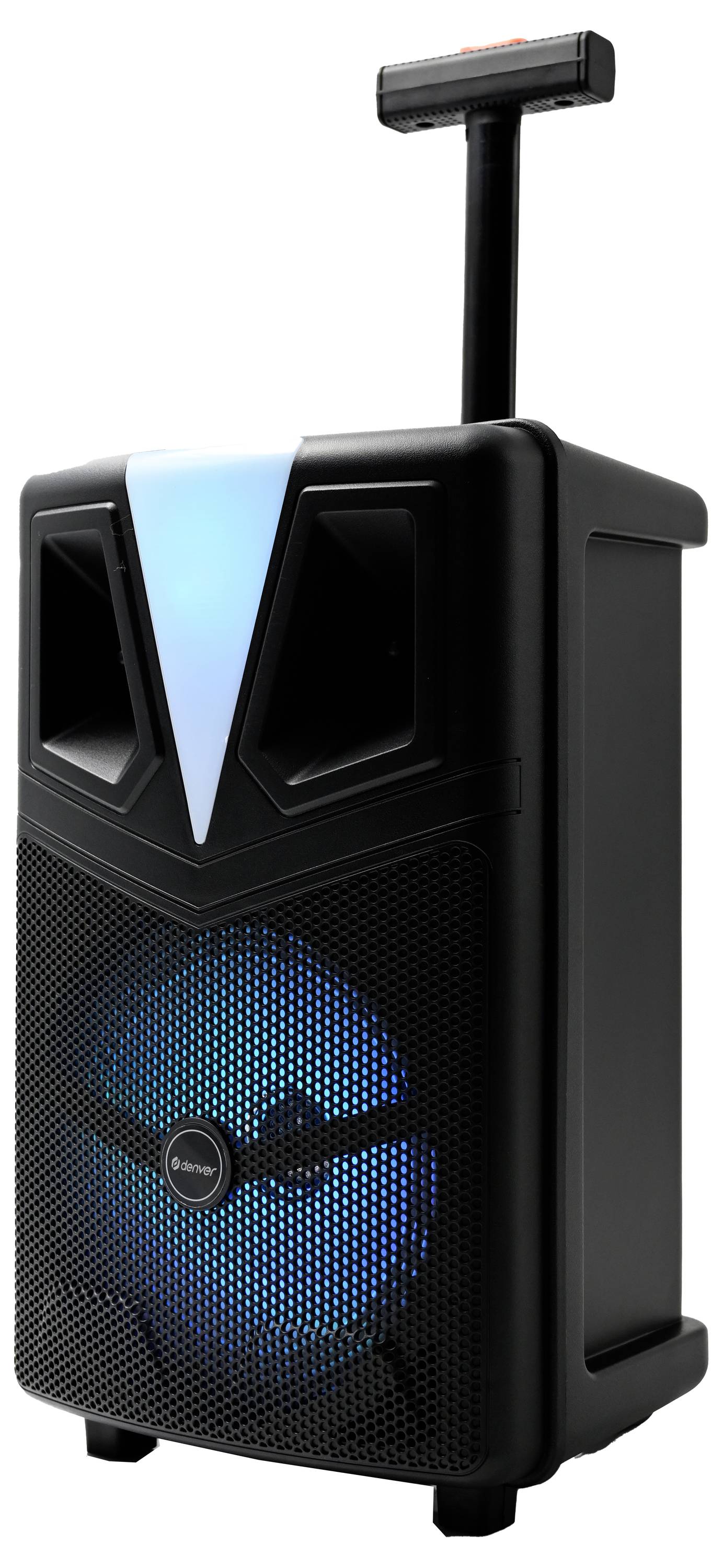 Un haut-parleur noir portable avec un voyant LED bleu et une poignée rétractable, conçu pour un transport facile.