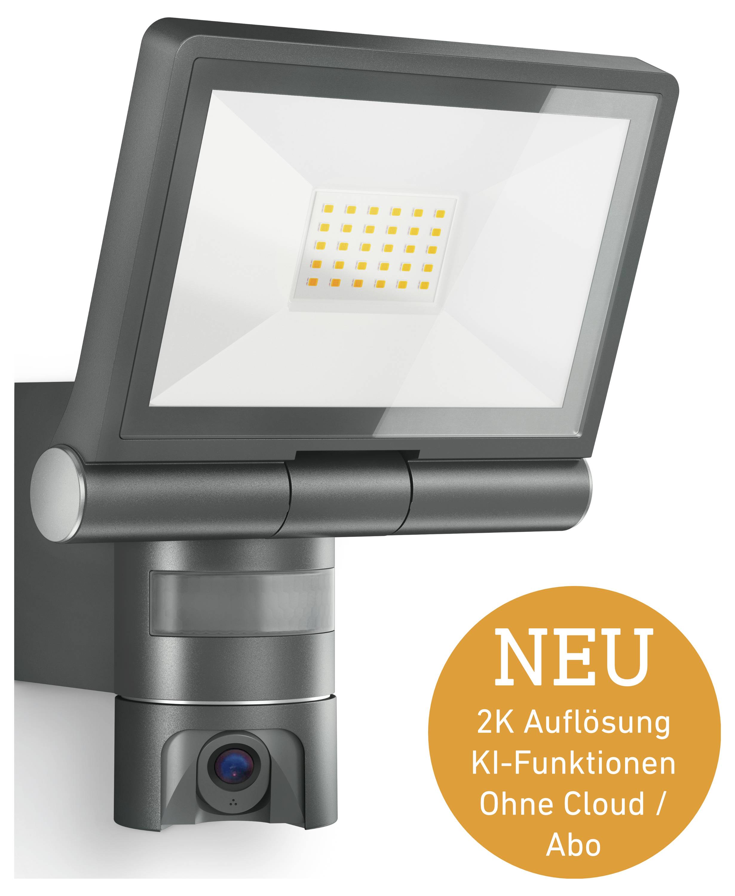 Lumière de sécurité extérieure avec caméra intégrée ; caractéristiques de résolution 2K, fonctions d'IA, aucun cloud ou abonnement requis.