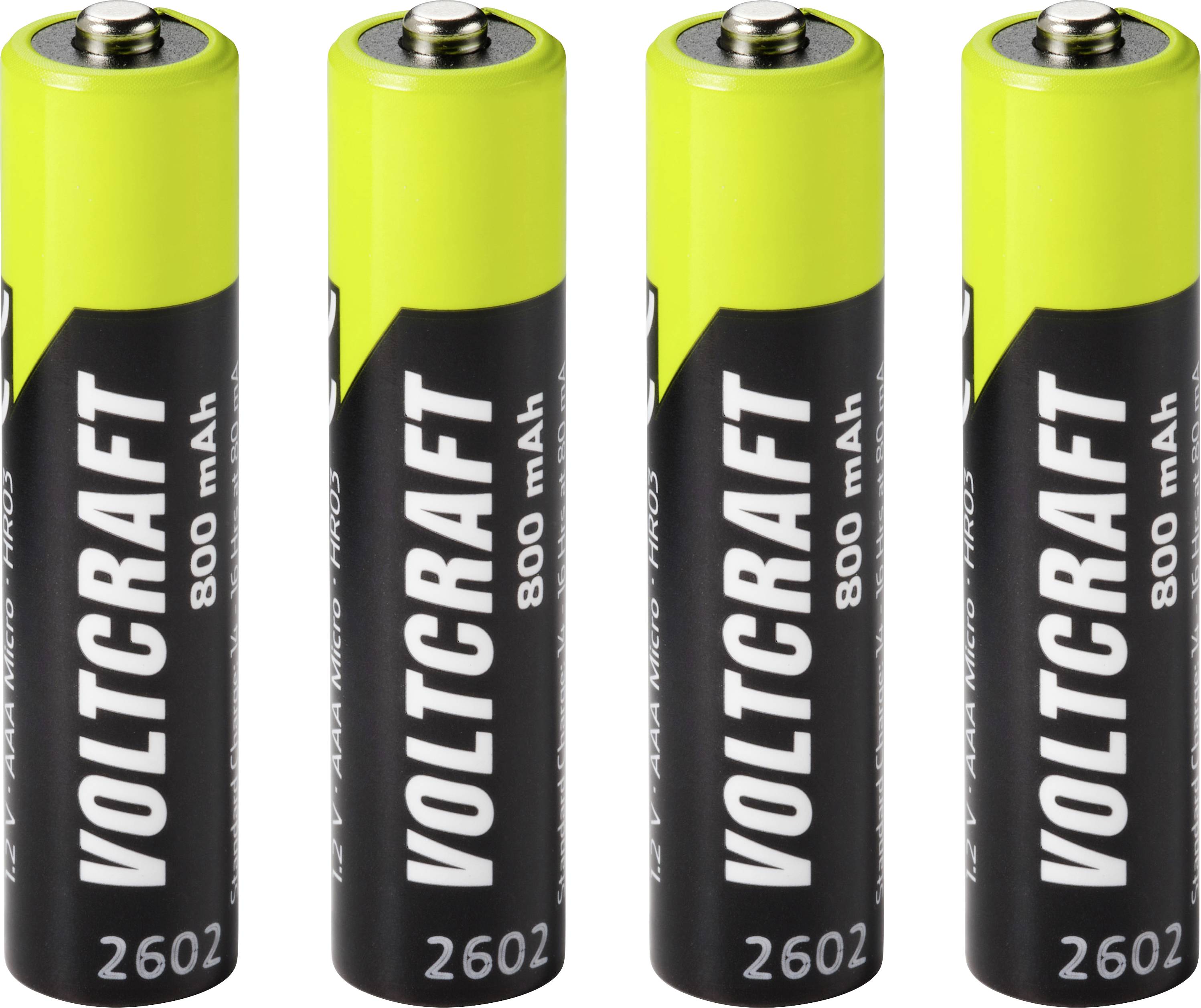 Quatre batteries rechargeables Voltcraft 800 mAh AAA disposées verticalement en rangée sur un fond blanc.