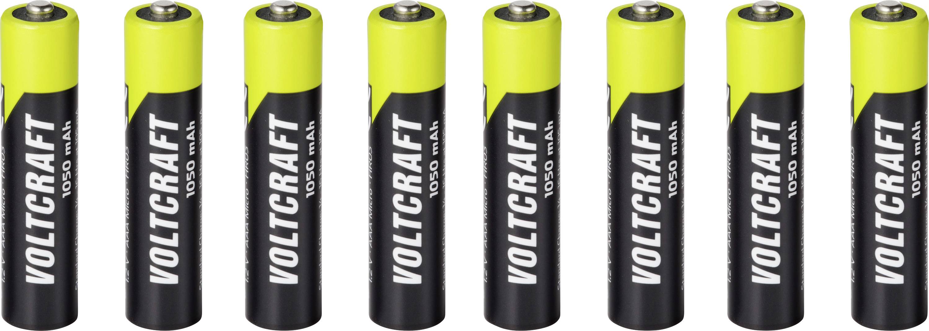 Huit piles Volcraft 10/20 AA jaunes et noires alignées horizontalement sur un fond blanc.