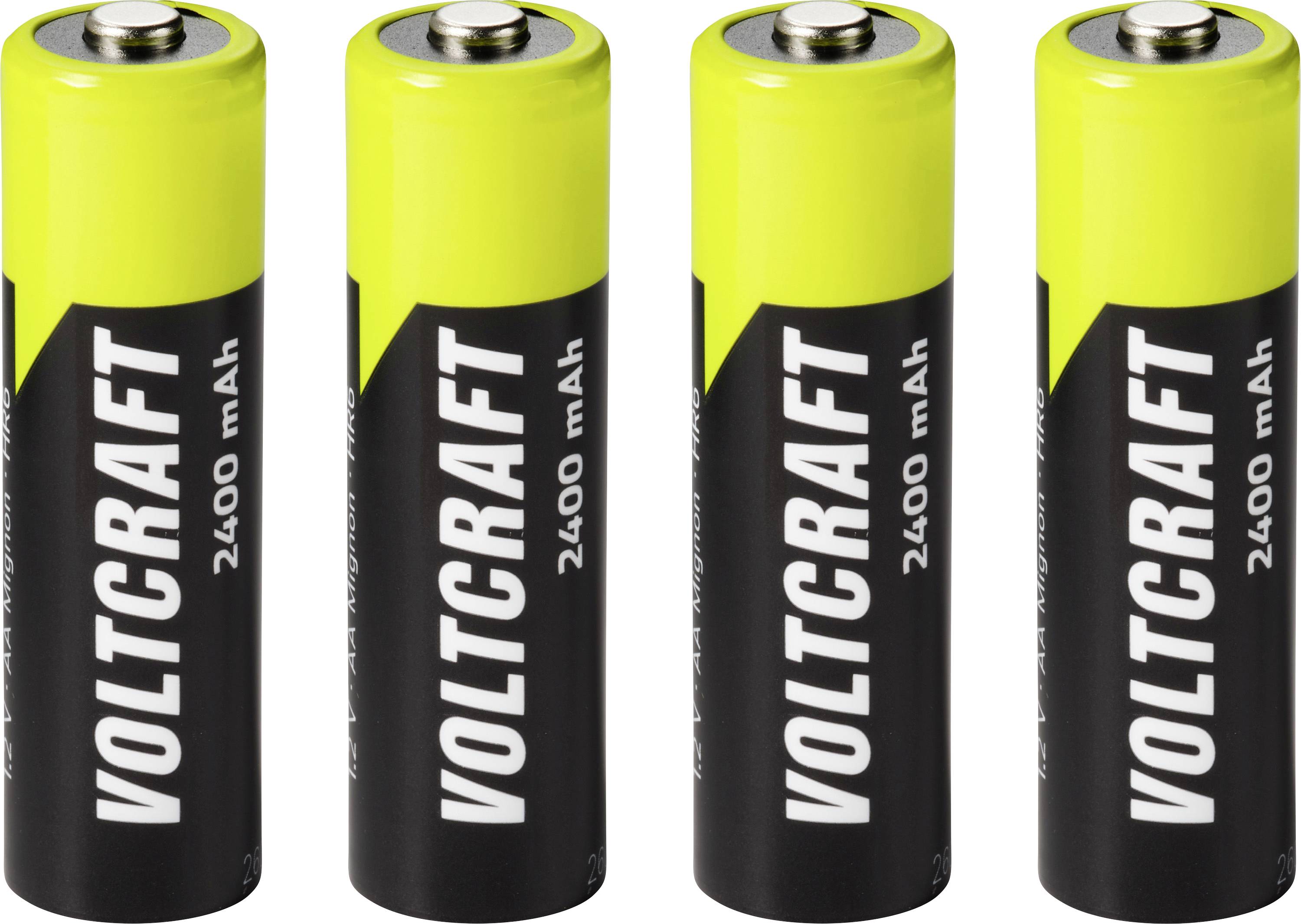 Quatre batteries rechargeables AA Voltcraft 2400 mAh disposées verticalement sur un fond blanc.