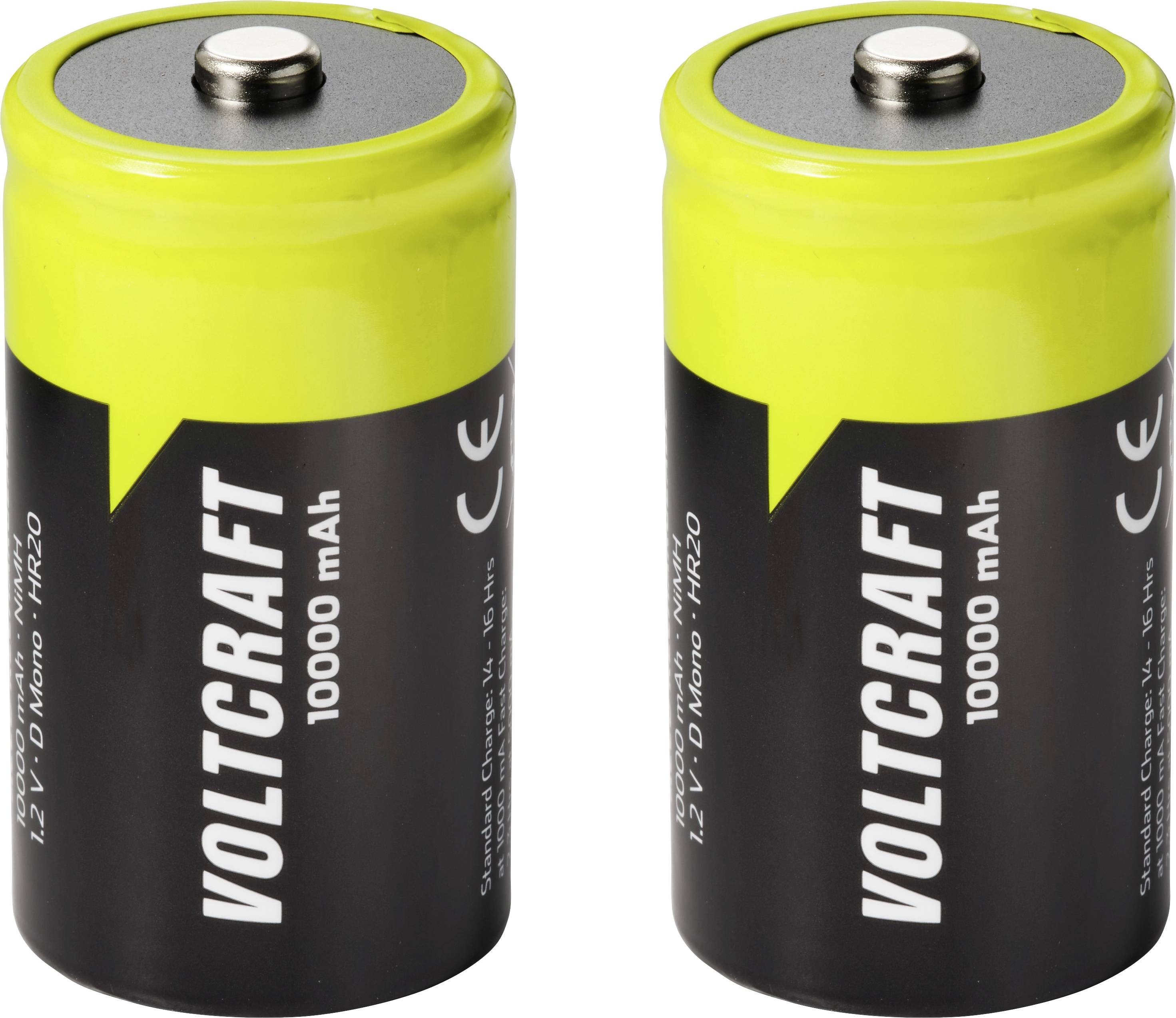 Deux batteries Voltcraft côte à côte, étiquetées '10000 mAh' et '1.2V D Mono NiMH' avec les sommets jaunes et les corps noirs.