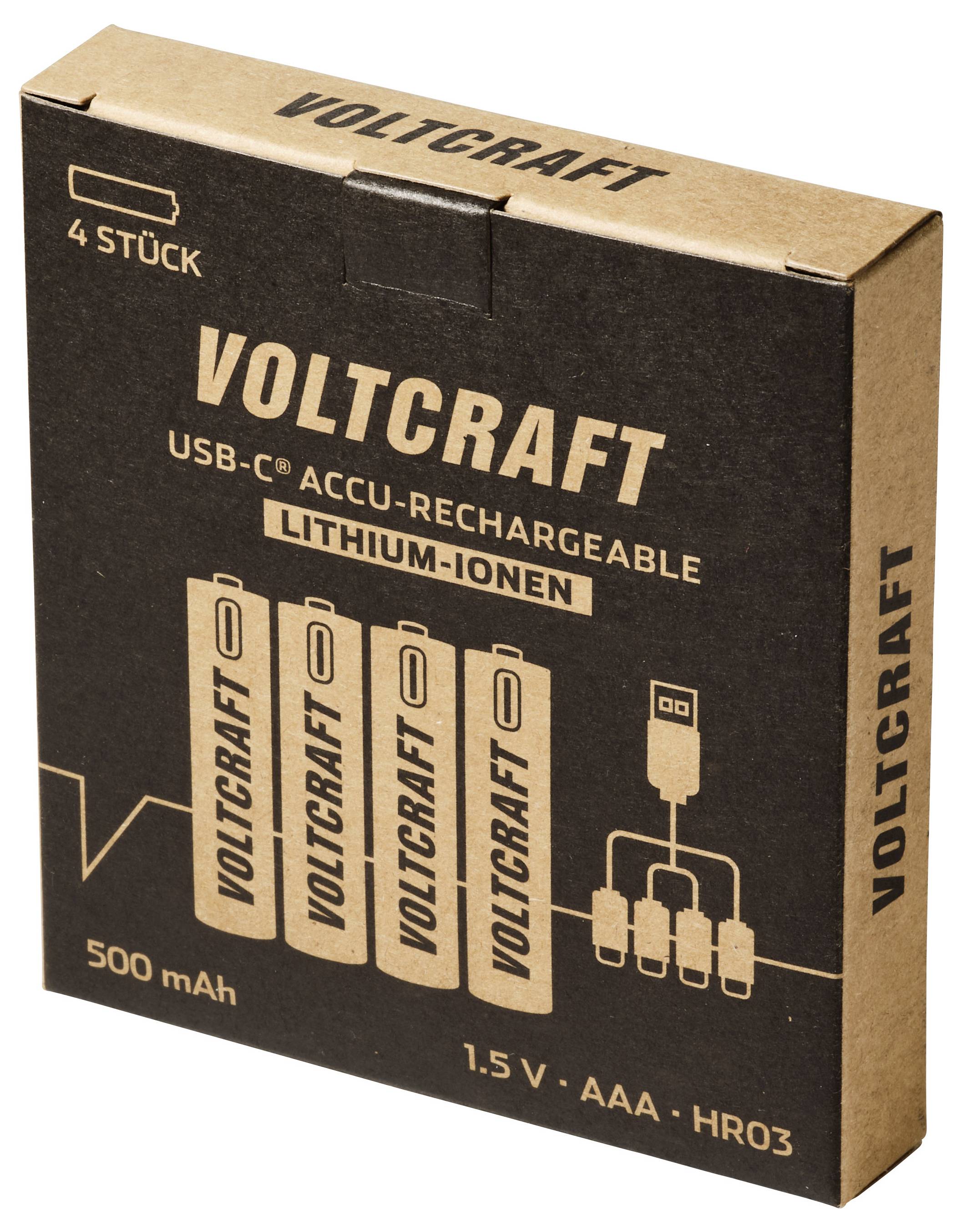 Boîte Voltcraft de 4 batteries lithium-ion rechargeables par USB AAA, étiquetées 500 mAh et 1,5 V HR03.