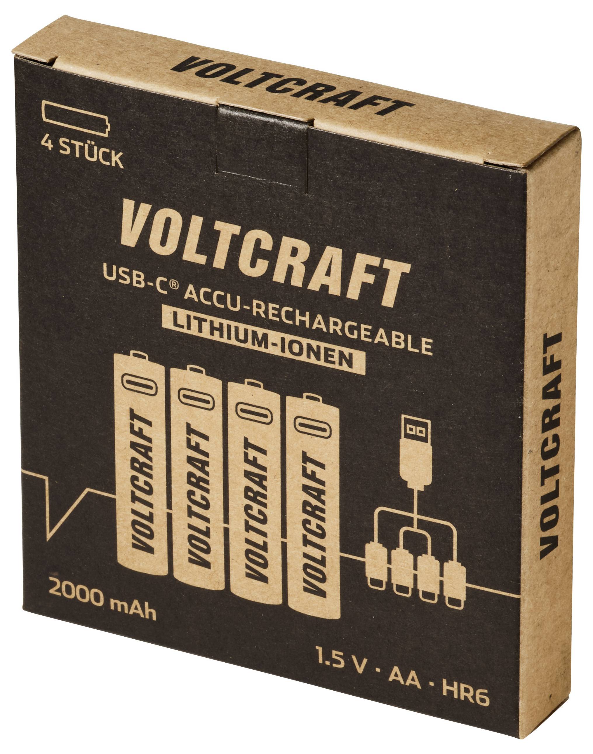 Boîte de batterie Voltcraft AA lithium-ion rechargeable USB, lot de 4, 2000 mAh, 1,5 V HR6.