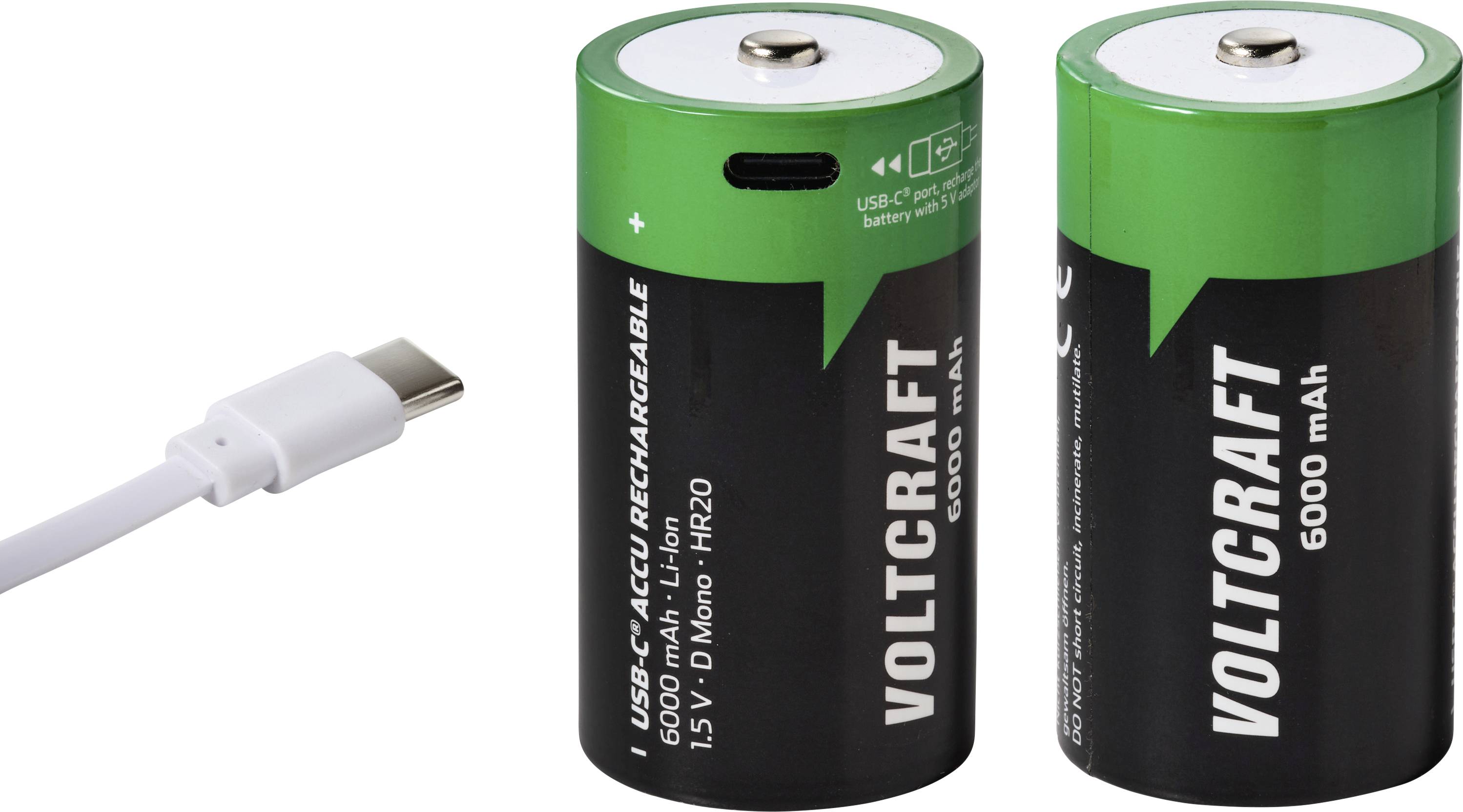 Câble USB-C à côté de deux piles rechargeables VOLTCRAFT de taille D étiquetées 6000 mAh