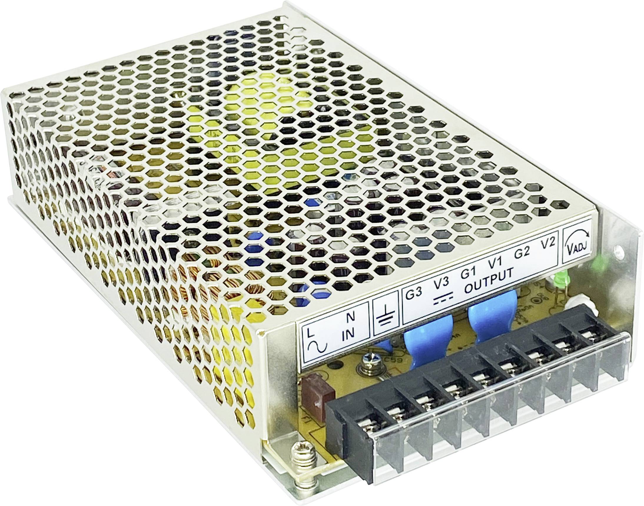 Alimentation électrique à découpage avec boîtier en métal perforé, bornier à vis et connexions d'entrée/sortie étiquetées visibles sur le panneau avant