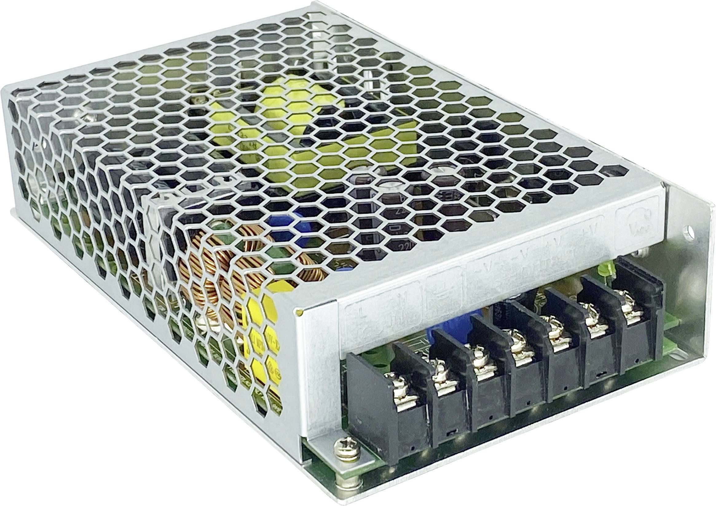 Un bloc d'alimentation métallique fermé avec plusieurs bornes de connexion à une extrémité, conçu pour les applications électriques.