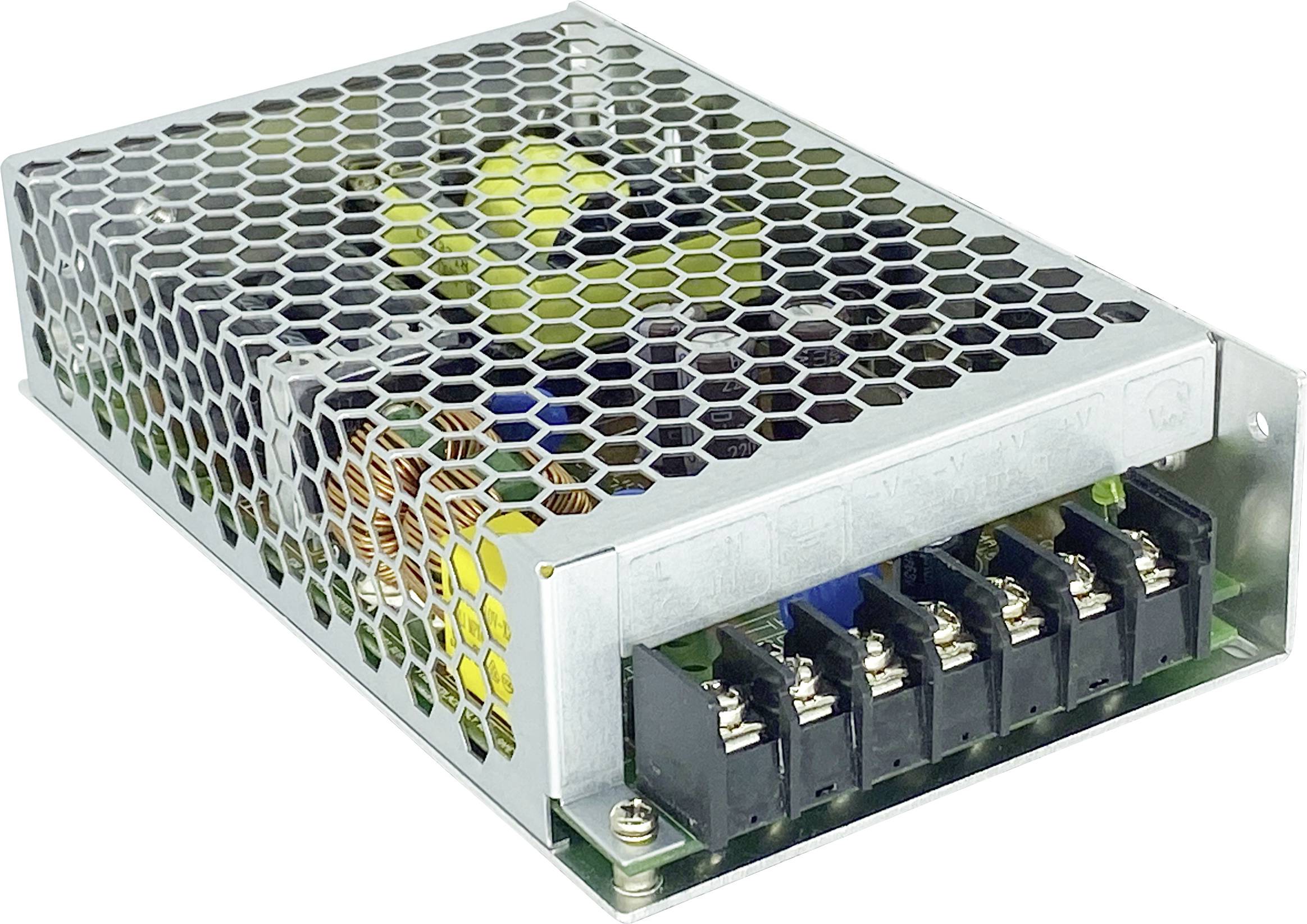Alimentation à découpage fermée en métal avec grille de ventilation hexagonale et connexions de bornes exposées à une extrémité.