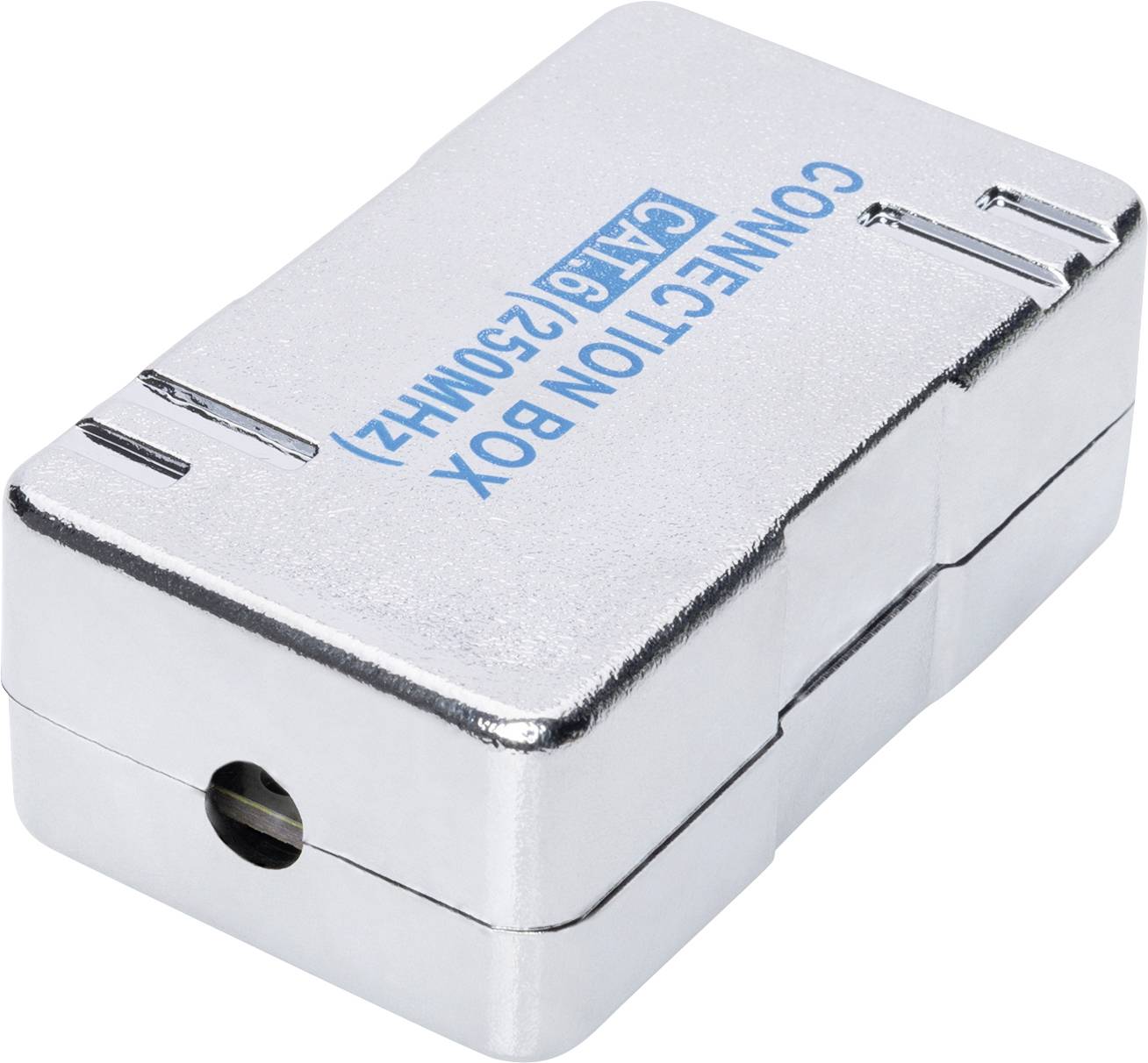 Un boîtier de connexion rectangulaire argenté étiqueté « CAT6 (250 MHz) », utilisé à des fins de mise en réseau, avec un port visible sur un côté.