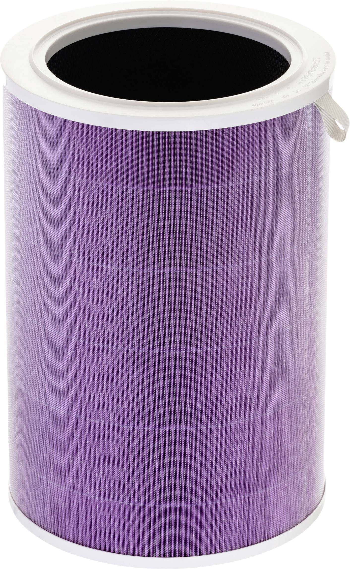 Un filtre à air cylindrique de couleur violette avec un bord blanc, conçu pour les purificateurs d'air, posé verticalement contre un arrière-plan uni.